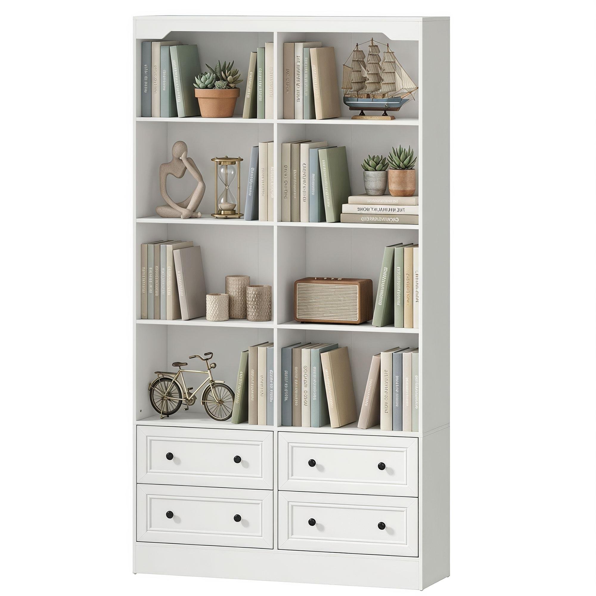White 8 Cubby Bookcase with Four Storage Drawers