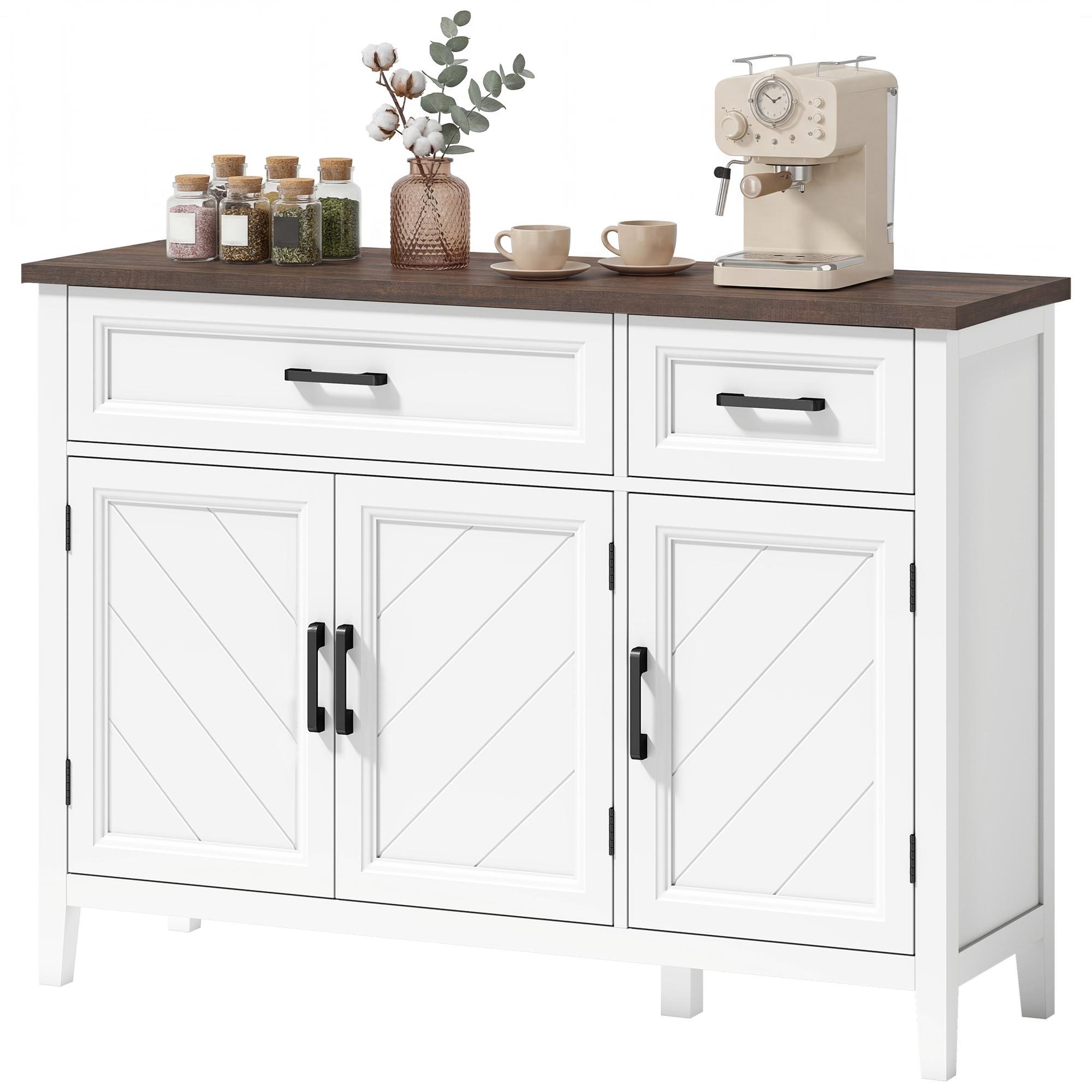 White Chevron Buffet Cabinet with Adjustable Shelves, 43.3 in