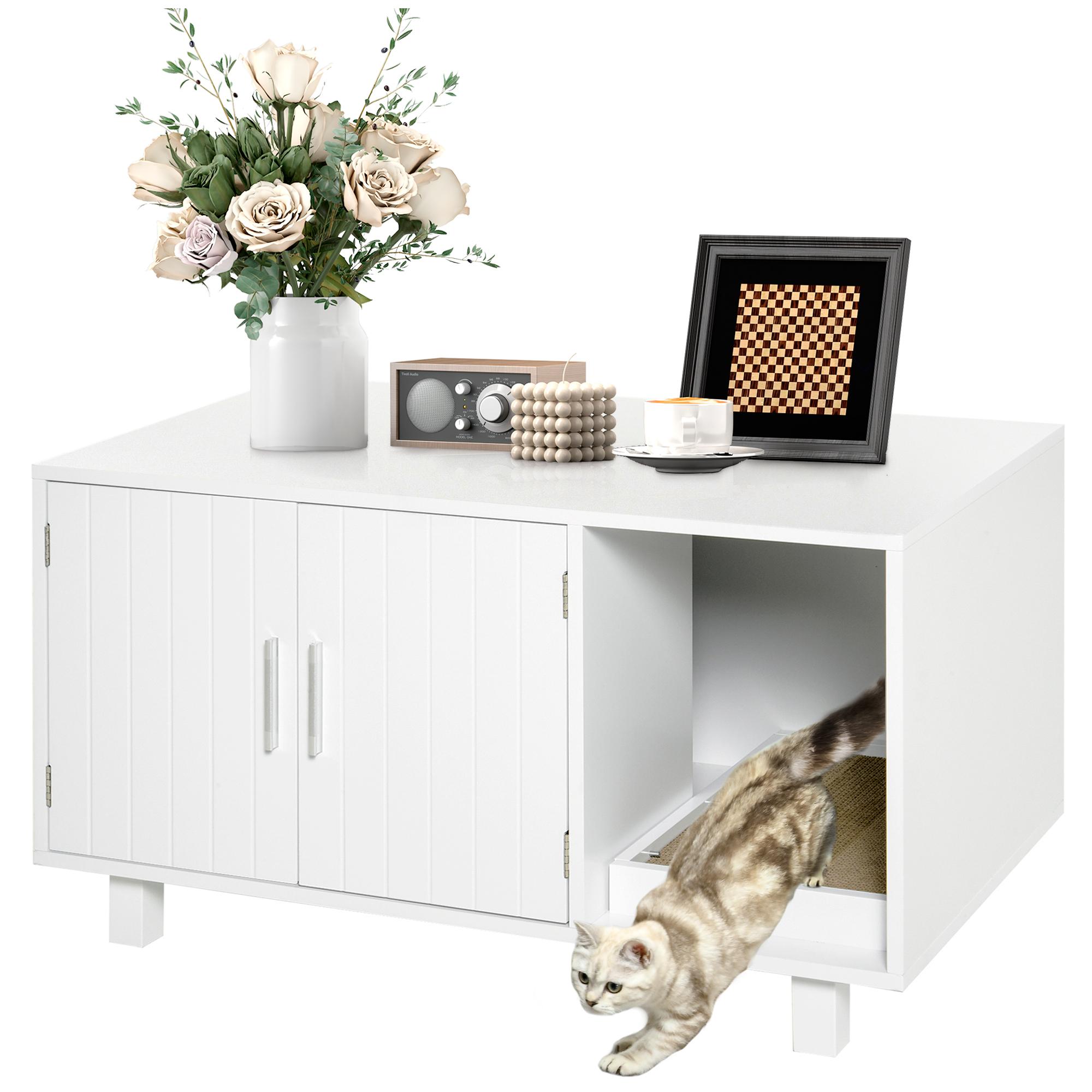 White Cat Litter Side Table with Scratcher, 35.75-In.