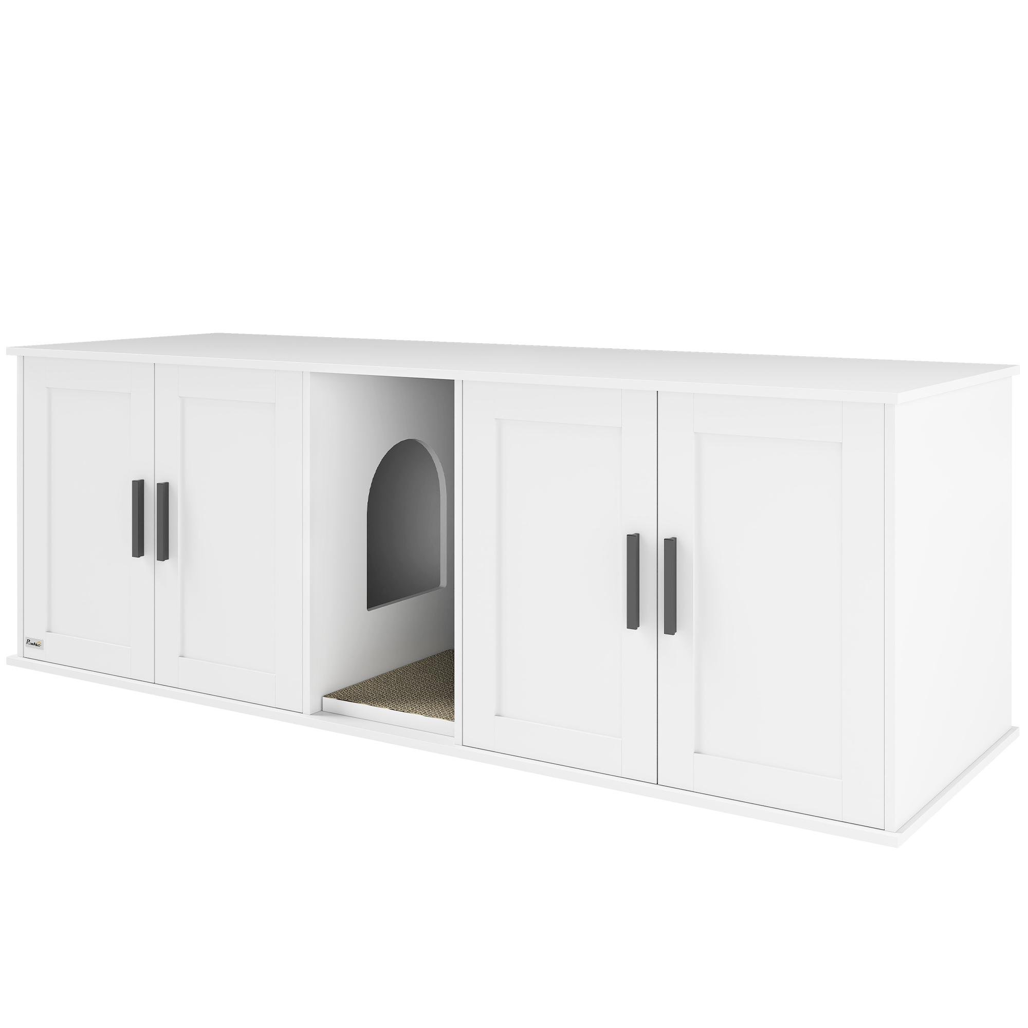 White dual-compartment cat enclosure with scratching mat