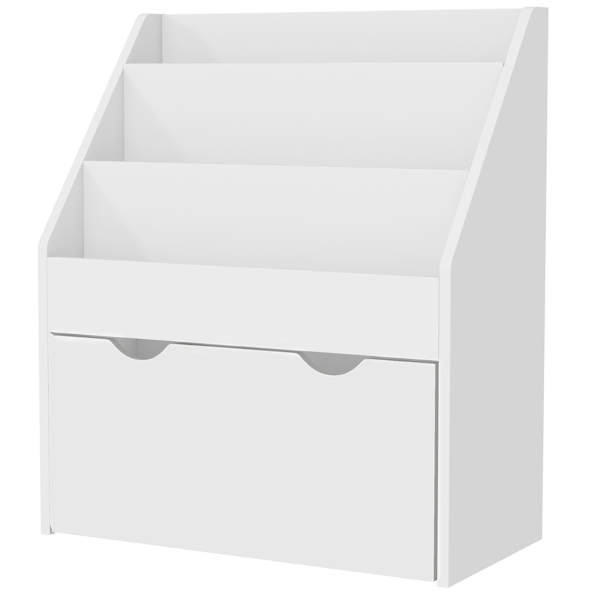 White Three Shelf Bookcase with Wheeled Drawer for Kids