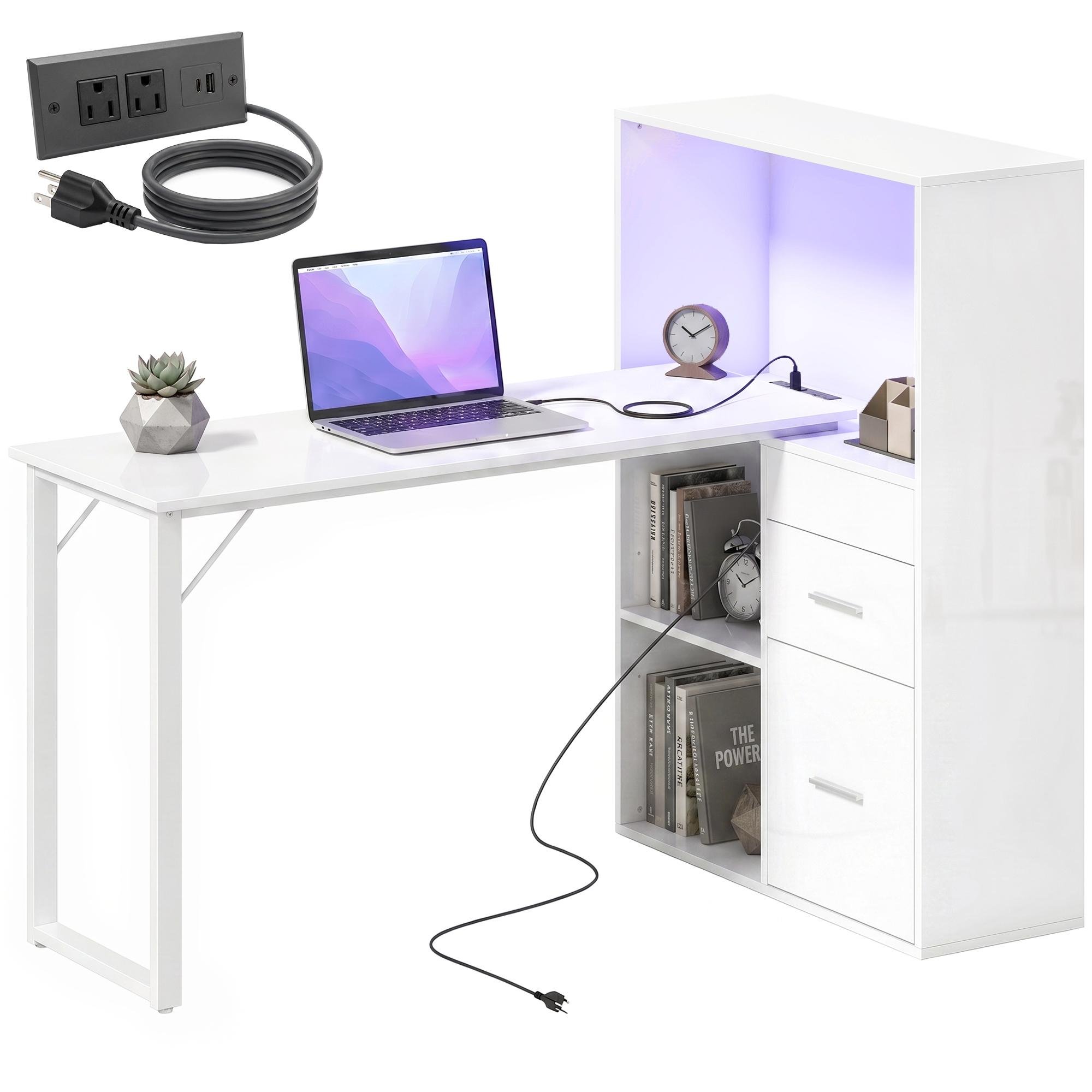 White 53.9 Inch Computer Desk with LED Lighting