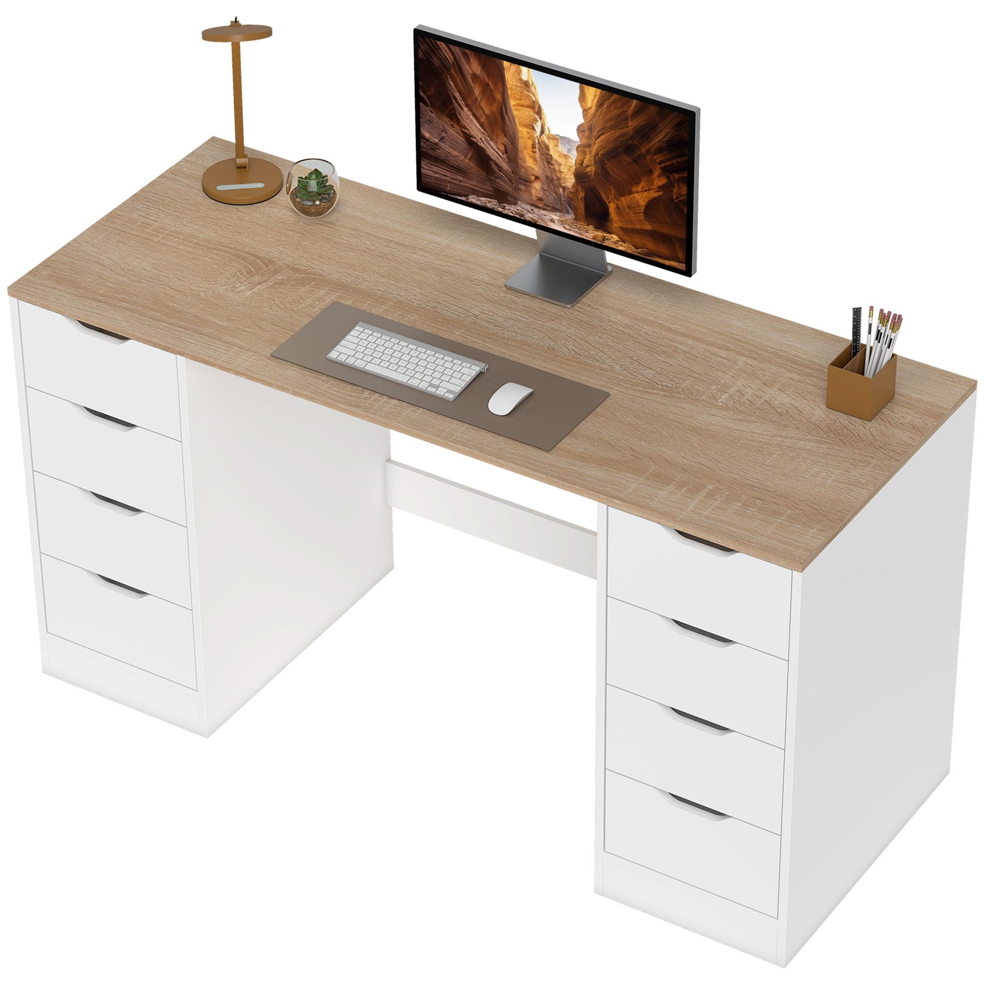White Eight Drawer Computer Desk, 55.1 in