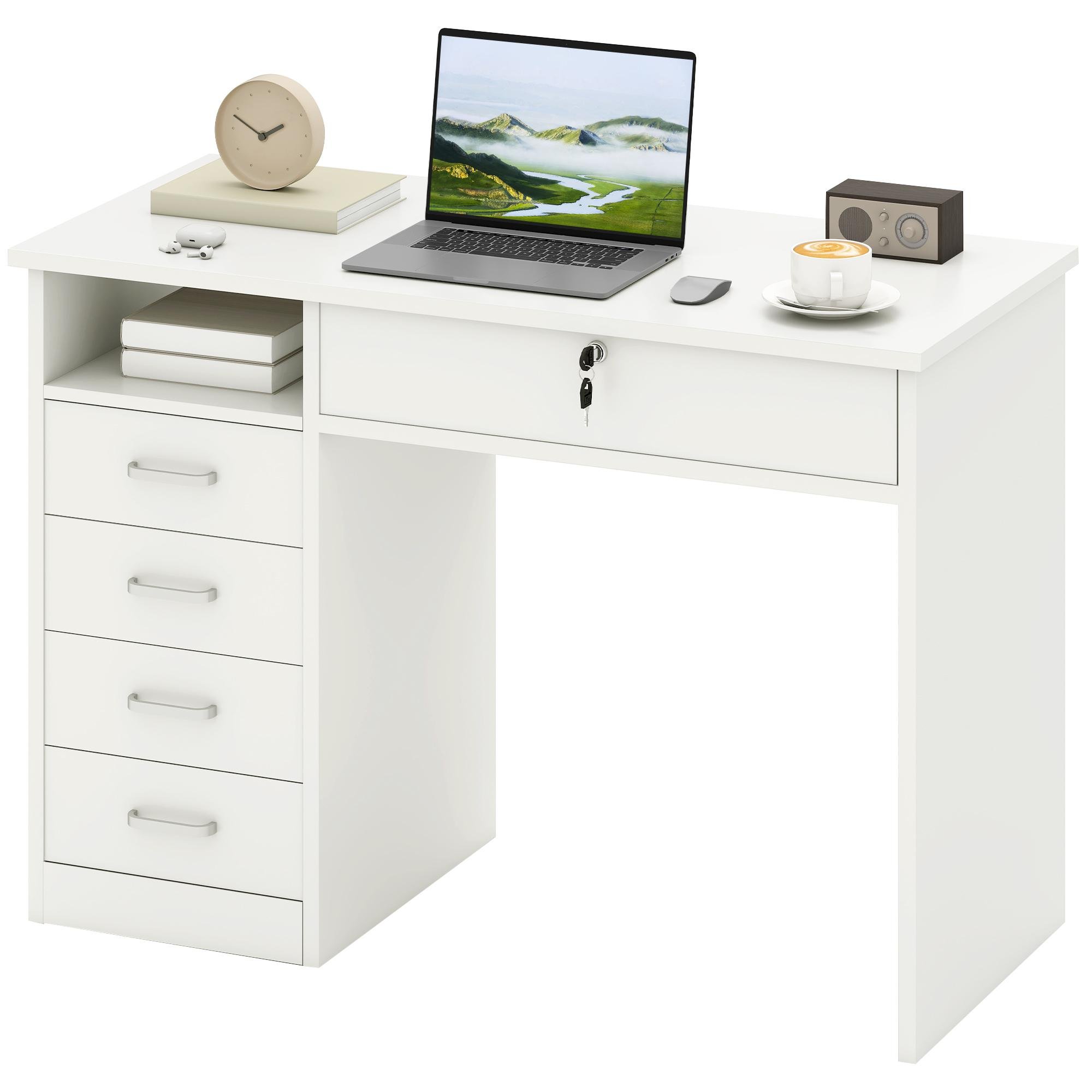 White 110 cm Storage Desk with Lockable Drawer