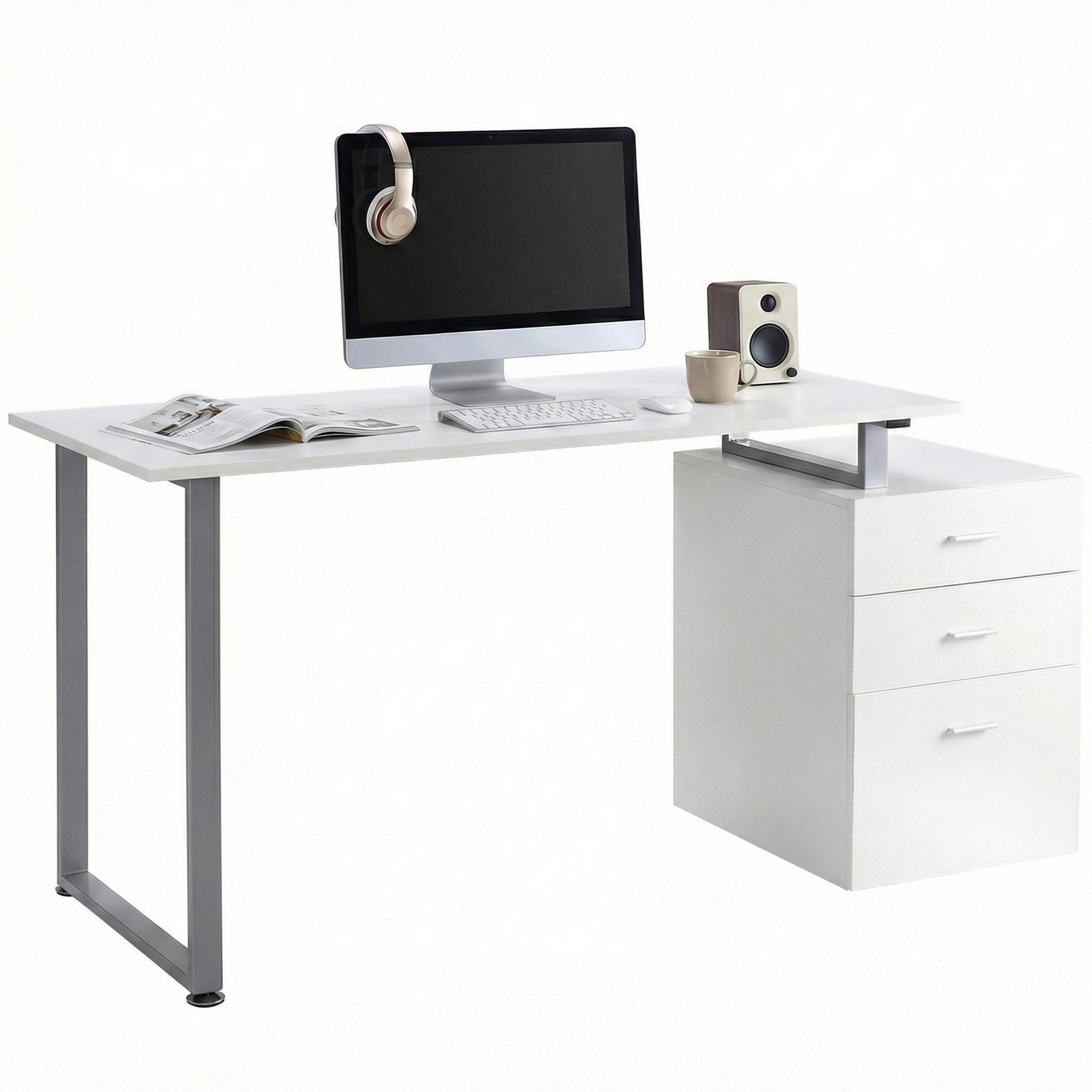 White 47 Inch Storage Desk with Reversible File Drawers