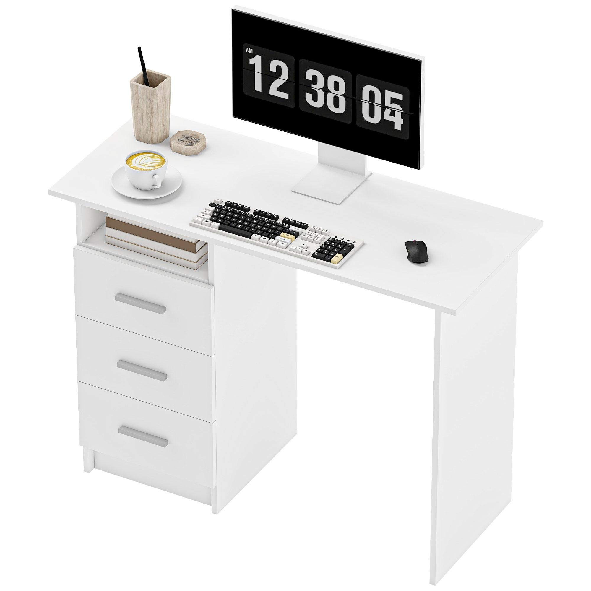 White 39.4 Inch Desk with 3 Drawers and Open Shelf