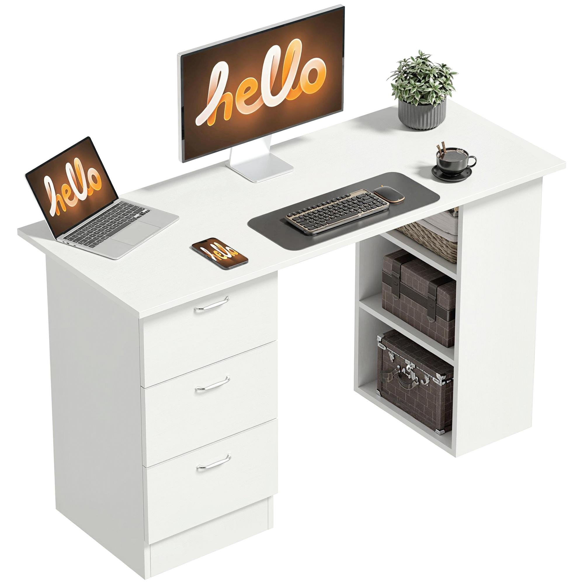 White 47 Inch Drawer Desk with 3 Drawers and Shelves