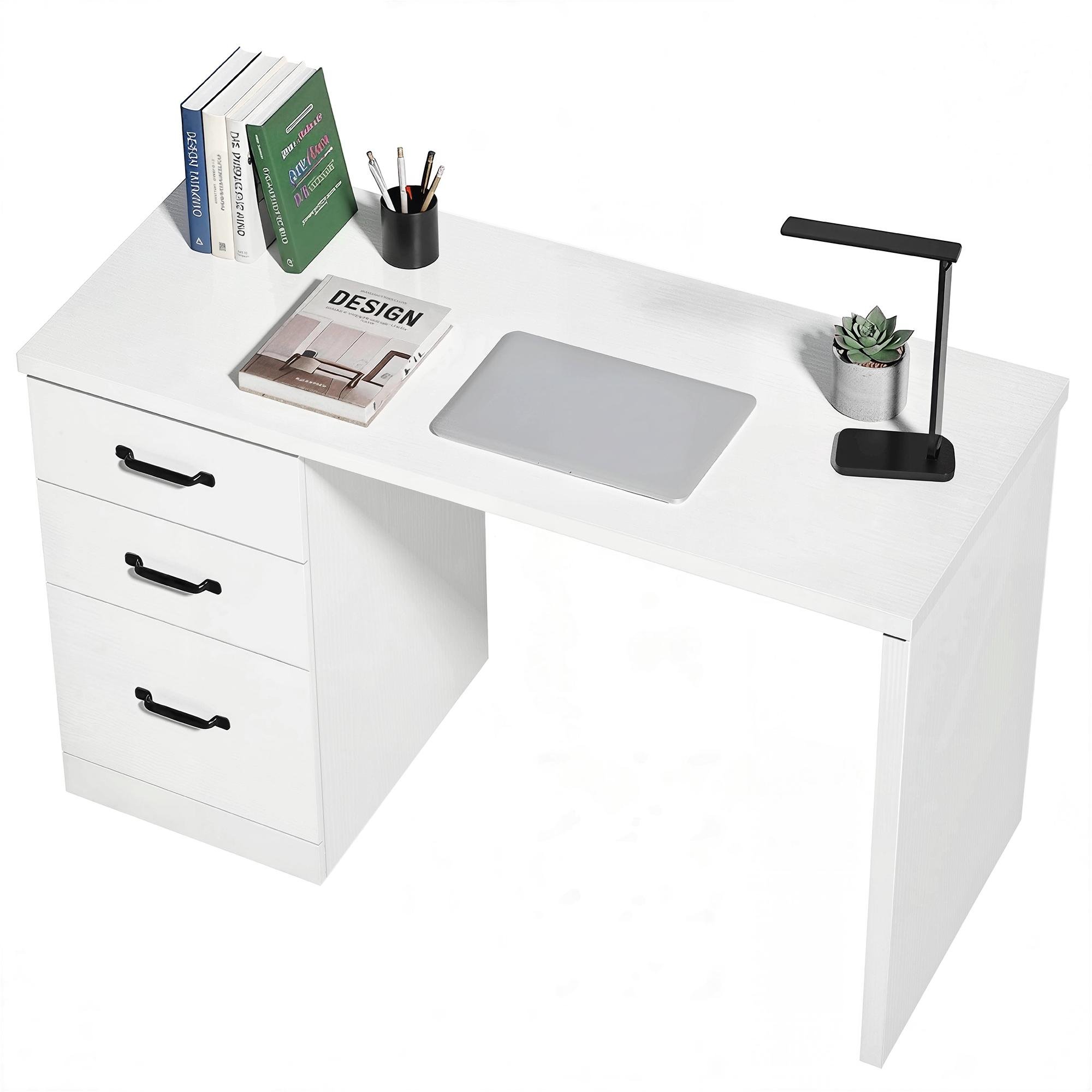 White adjustable file desk with 3 drawers, 47.2-inch workspace