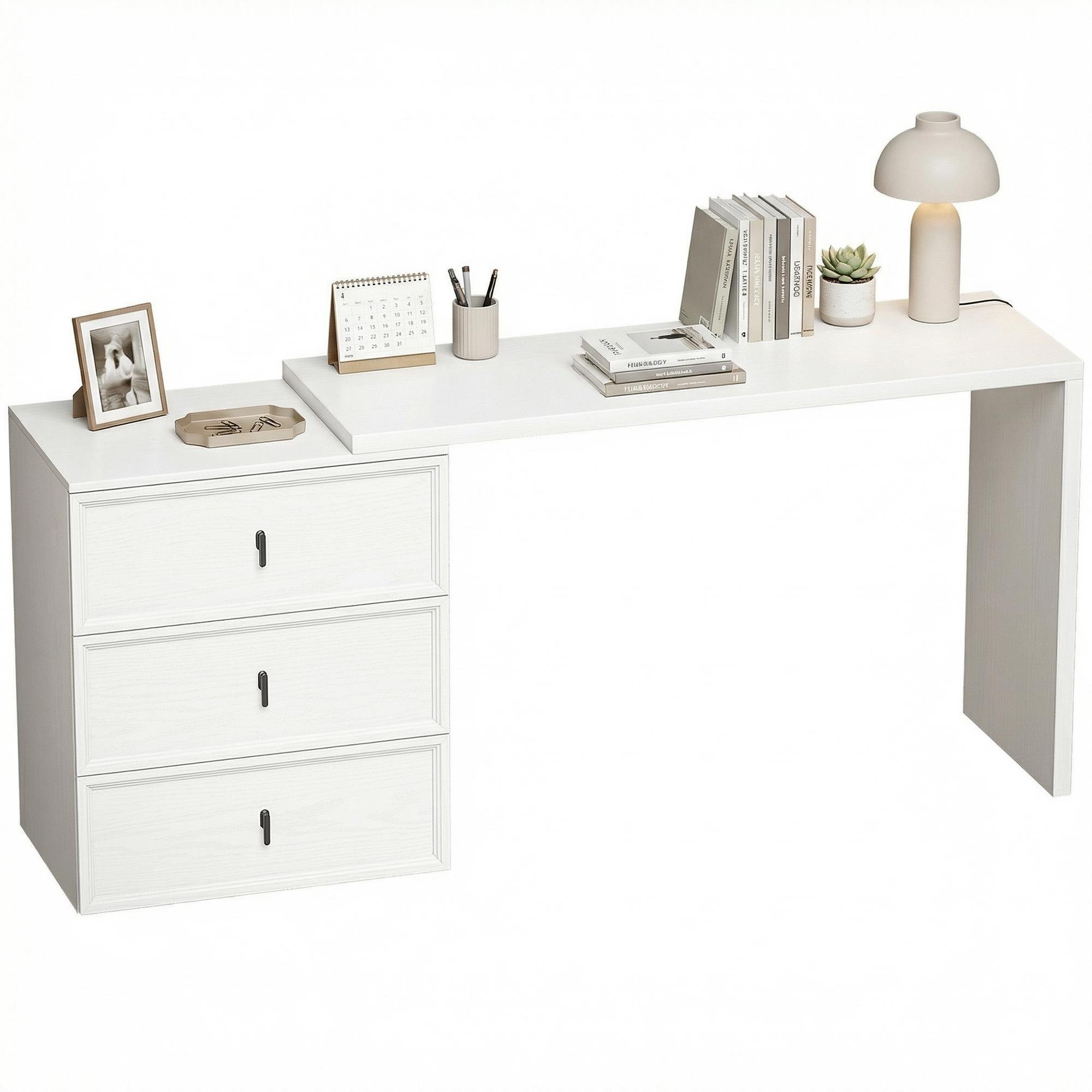 White 64.2 inch computer desk with 3 drawers