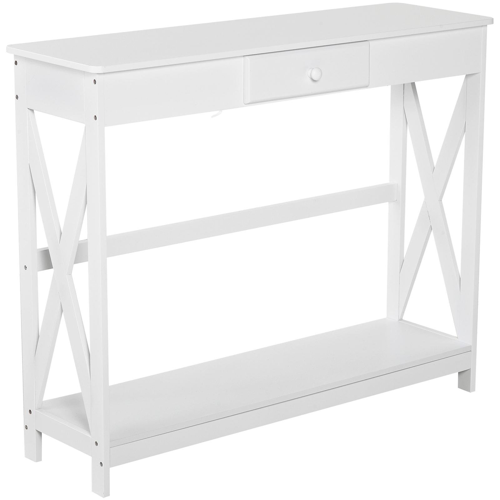 White Console Table with Drawer and Lower Storage Shelf