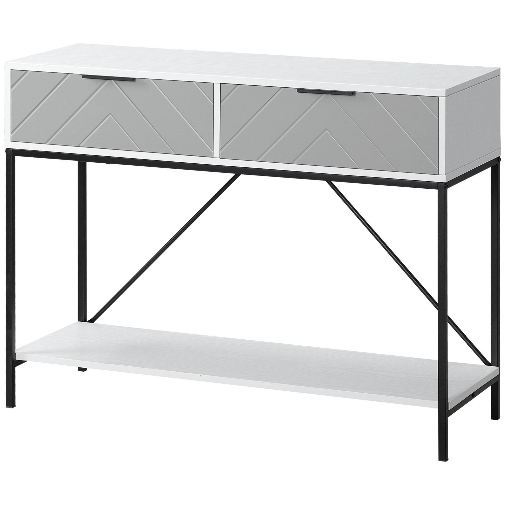 White Herringbone Console Table with Two Drawers, 39.25 in