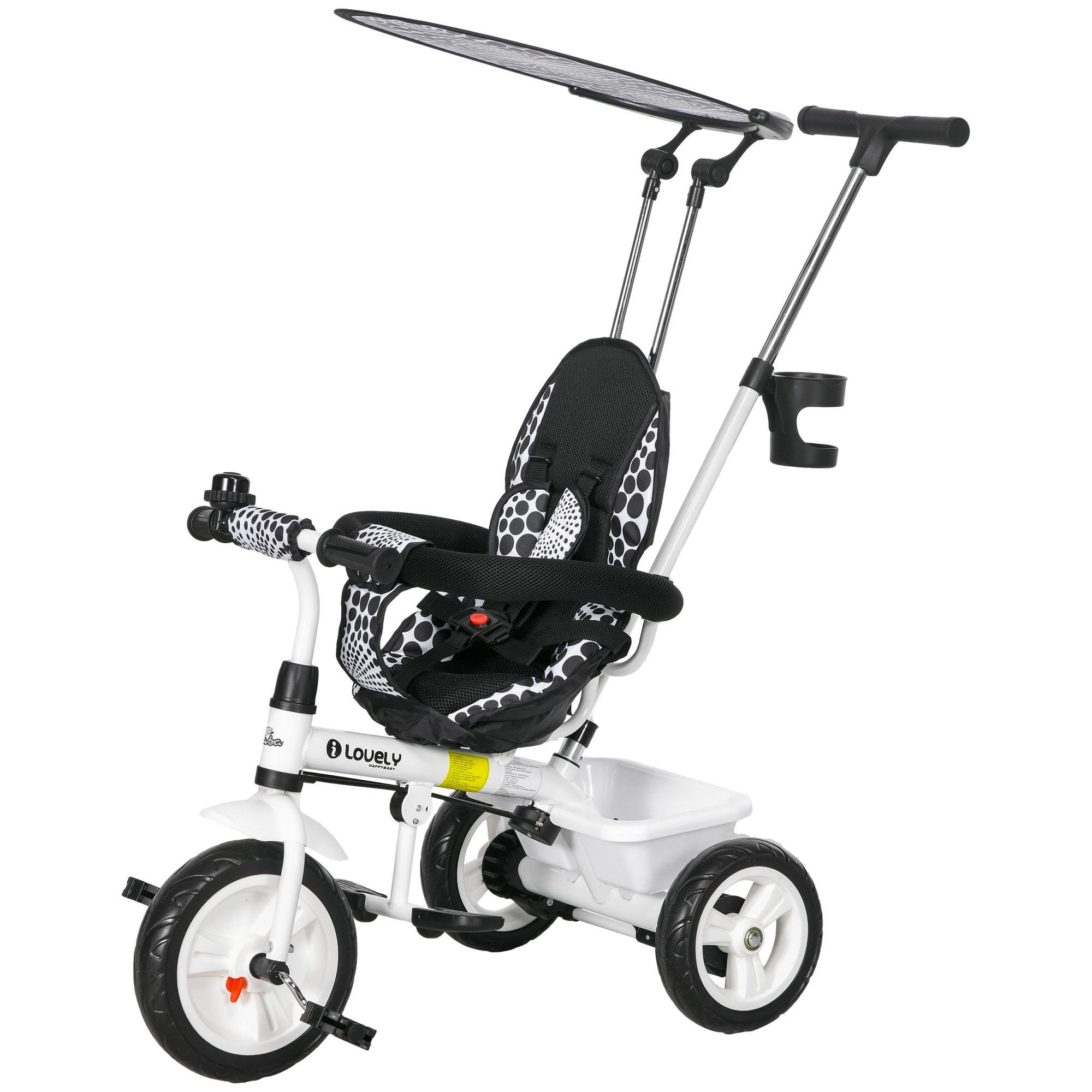 White 6 in 1 Tricycle with Parent Push Handle