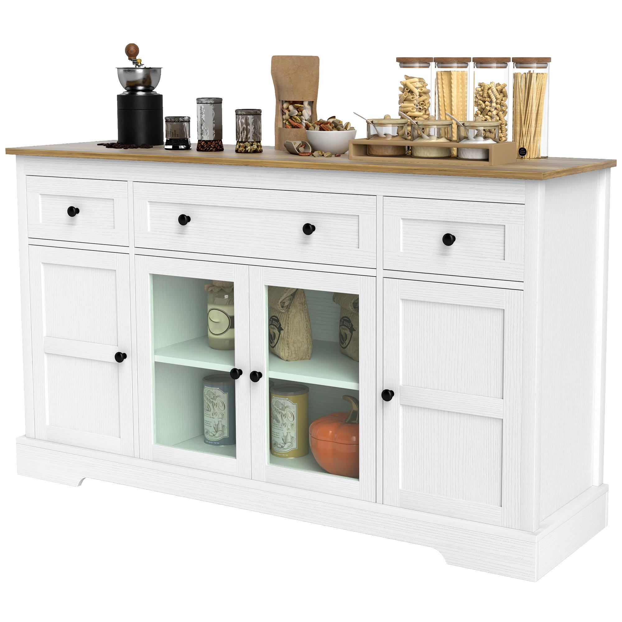 White distressed bar sideboard with glass doors, 3 drawers