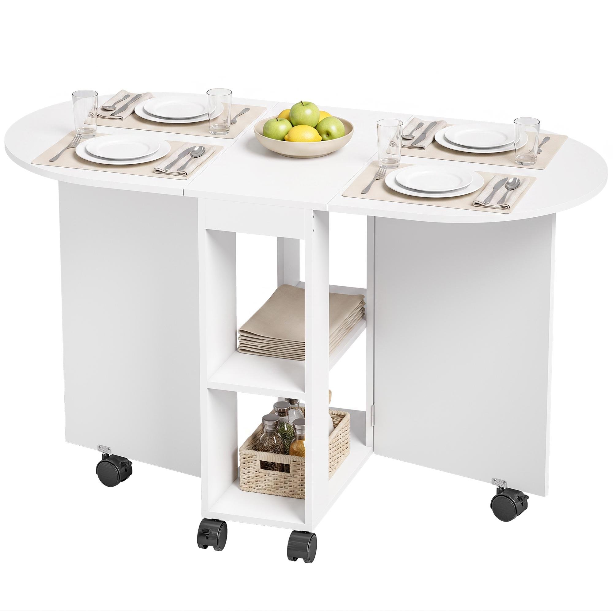 120 cm White Drop Leaf Table with 2-Tier Shelves