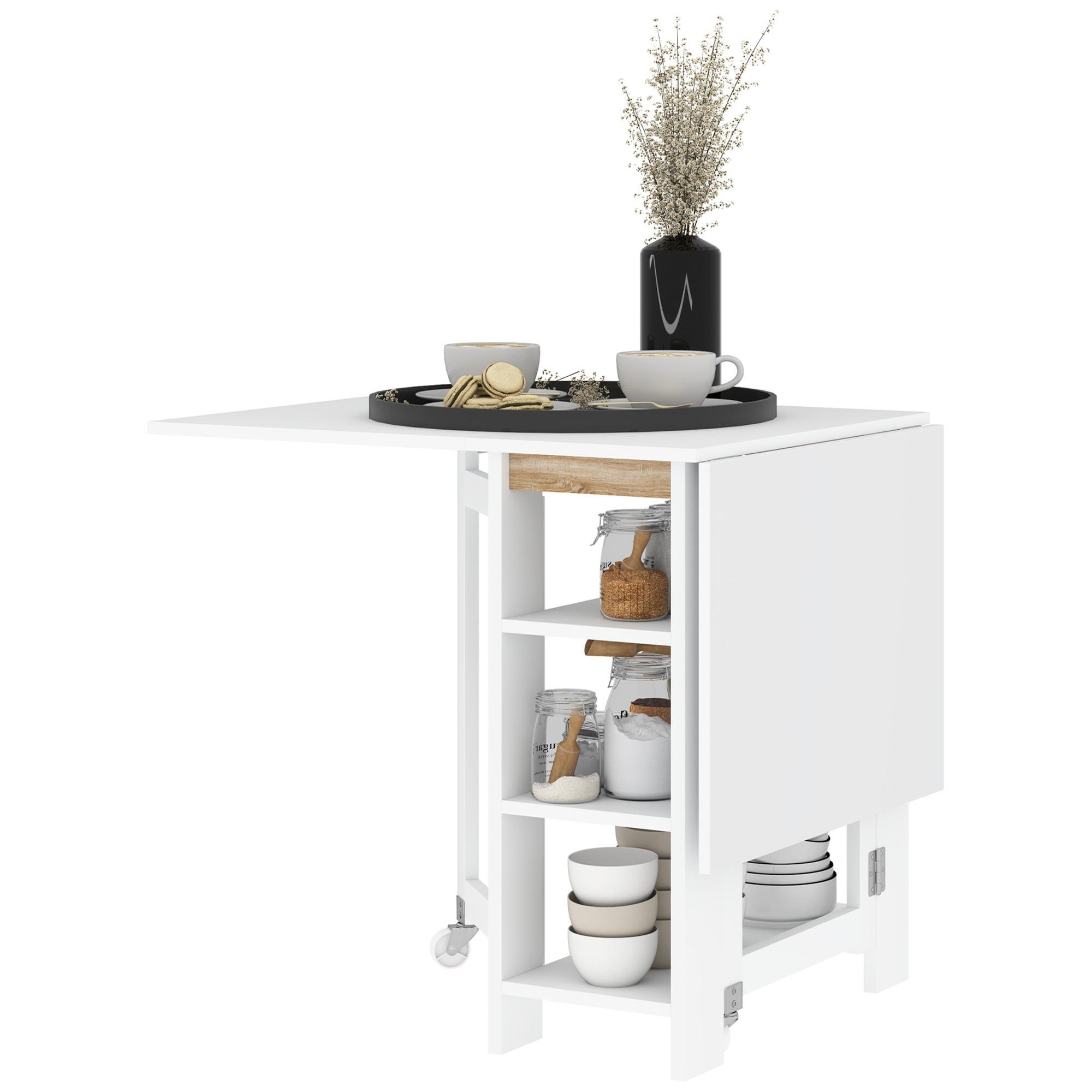 White Drop Leaf Dining Table with Storage Shelves