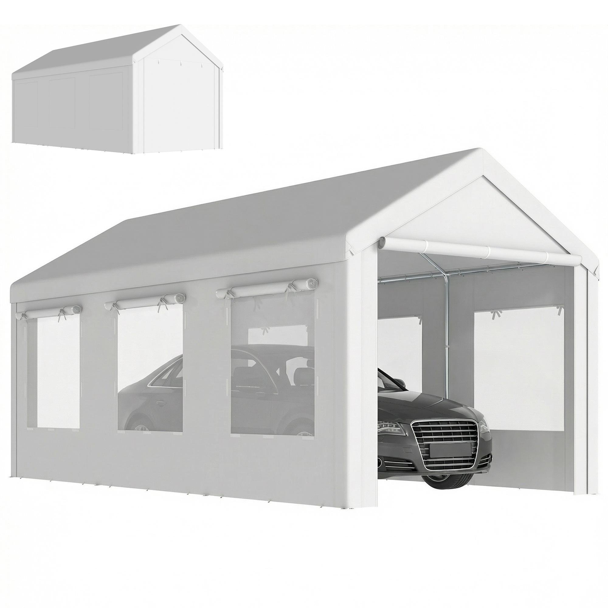 White Adjustable Carport, 9.7 x 19.7 ft Vehicle Shelter