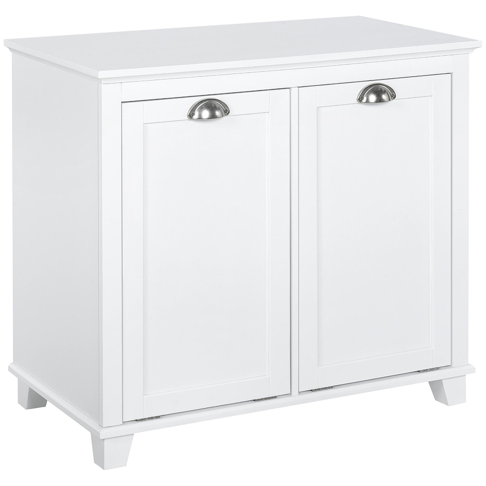 White Engineered Wood Hamper Cabinet with Two Tilt-Out Compartments