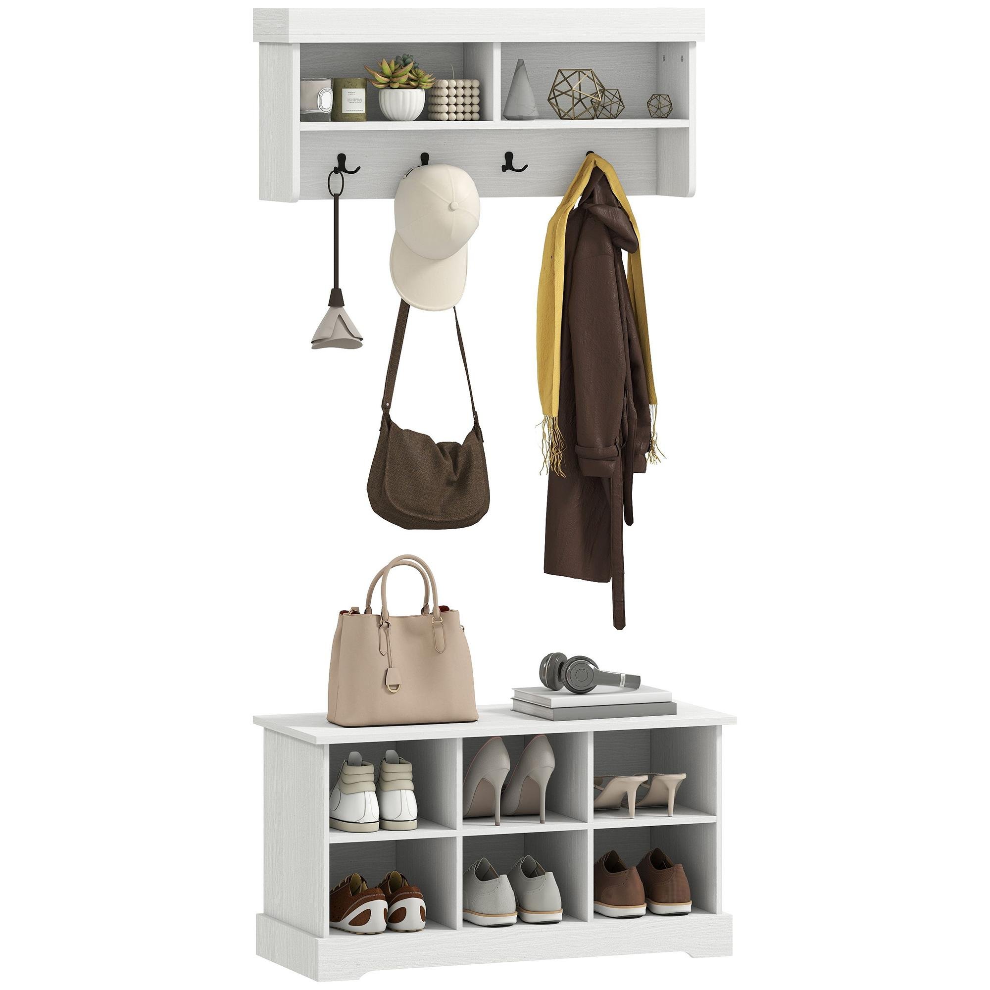 White Six Cube Shoe Bench with 4 Hooks, 33.5 in