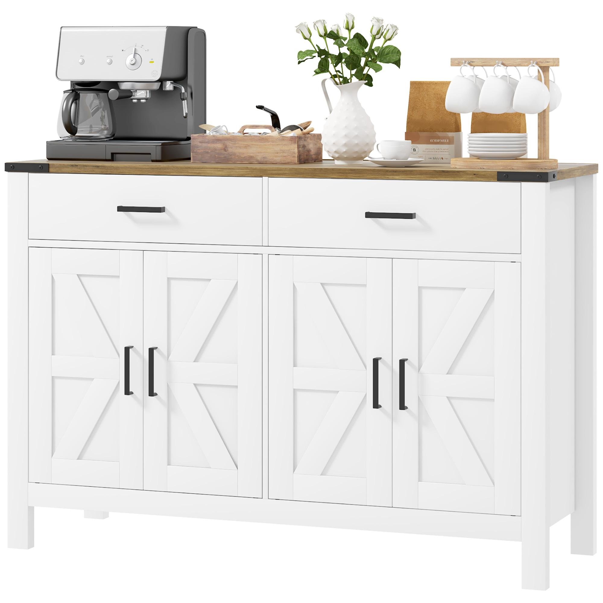 White Farmhouse Coffee Bar Cabinet with Adjustable Shelves