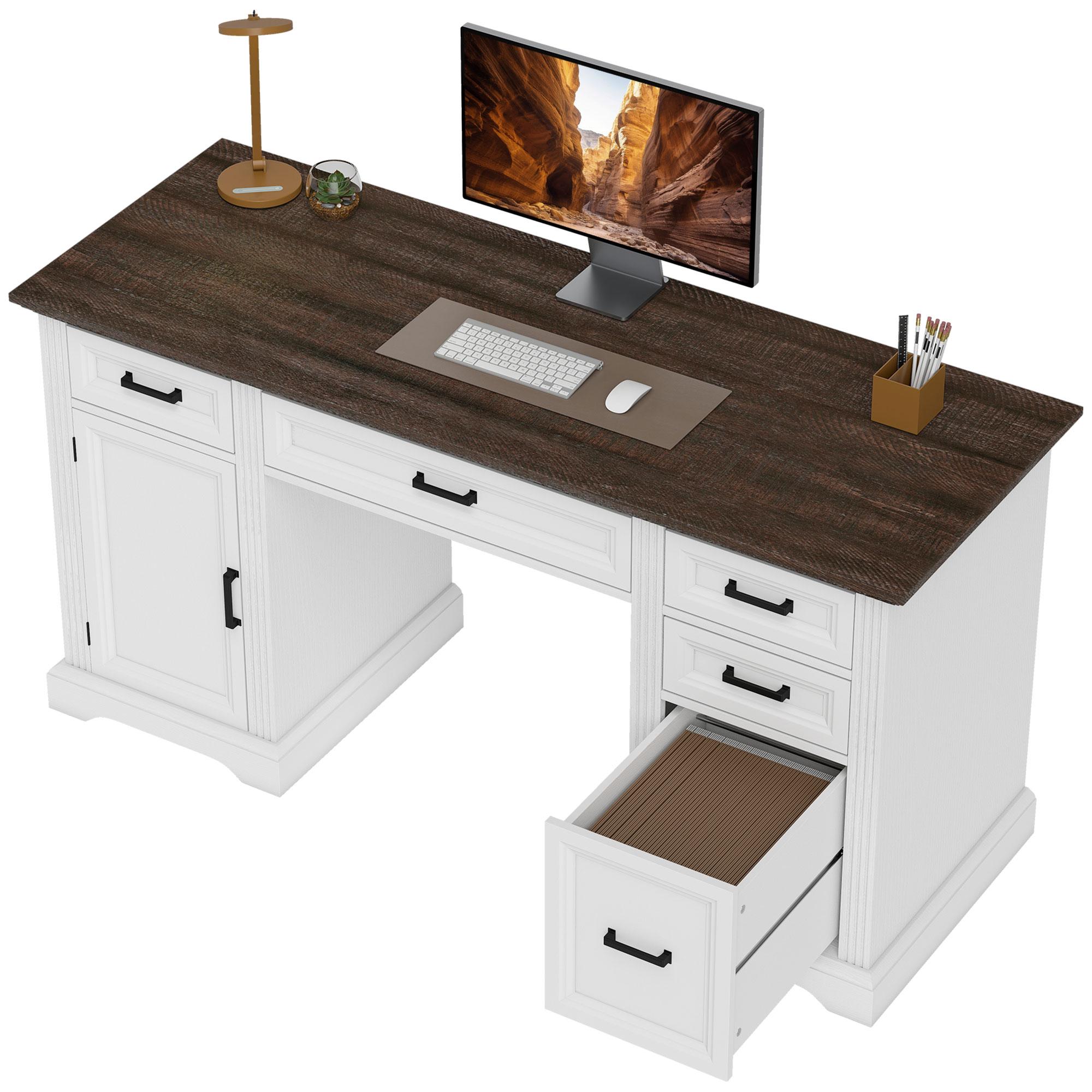 White farmhouse executive desk with five drawers