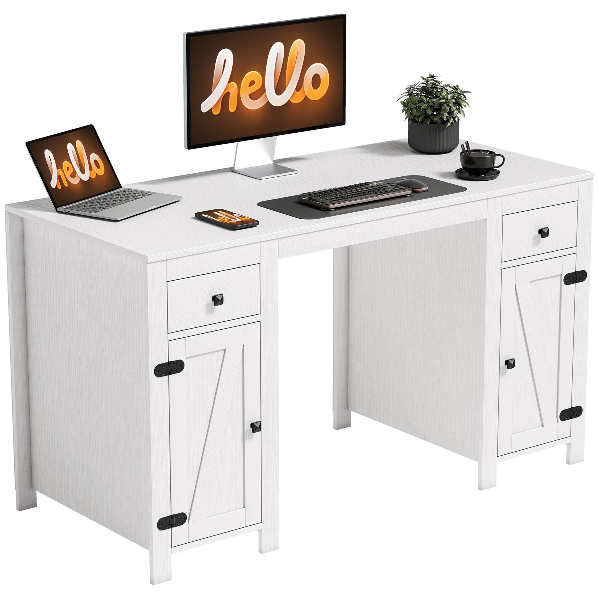 White Wood Grain Desk with Drawers and Cabinets