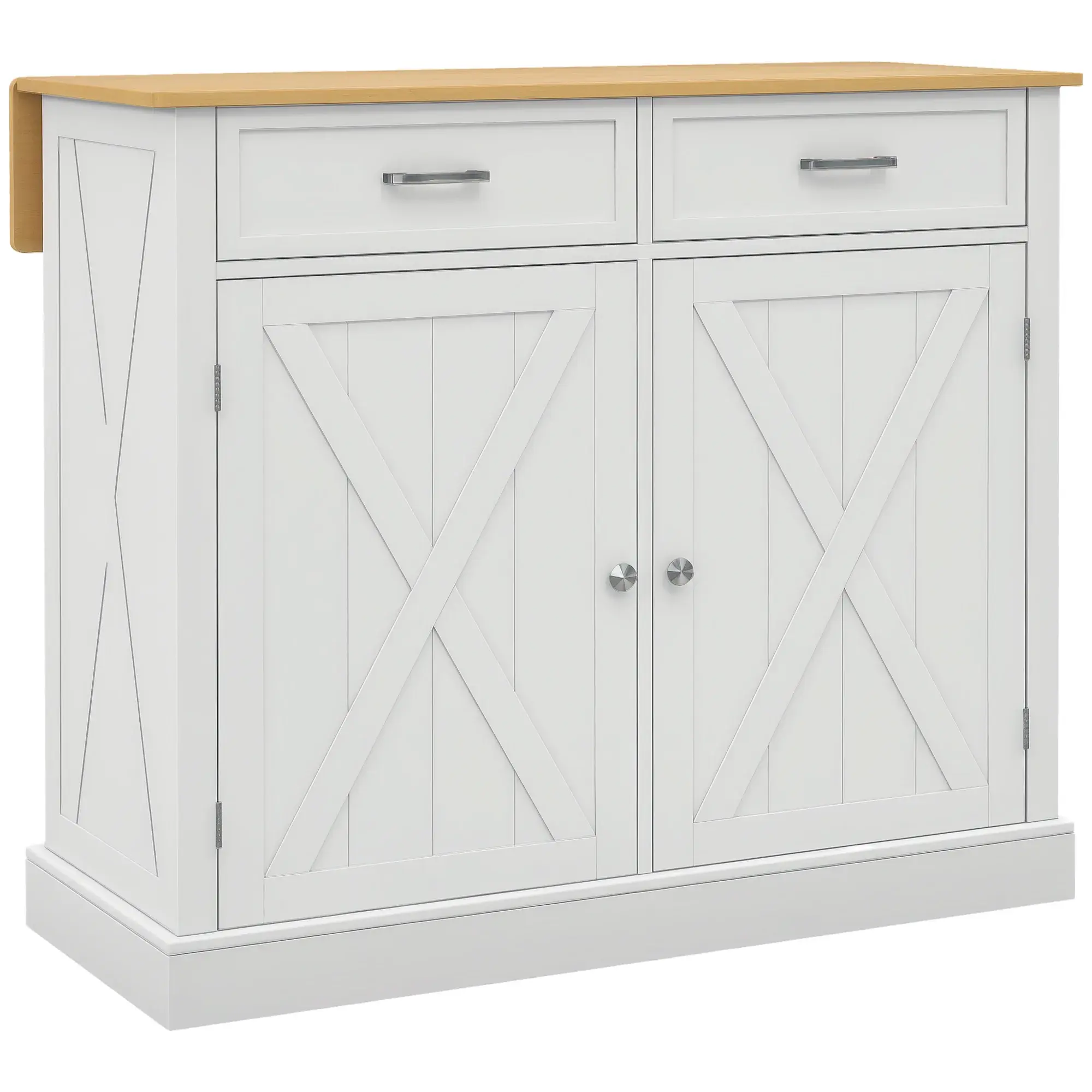 White Farmhouse Kitchen Island with Drop Leaf Rubberwood Top