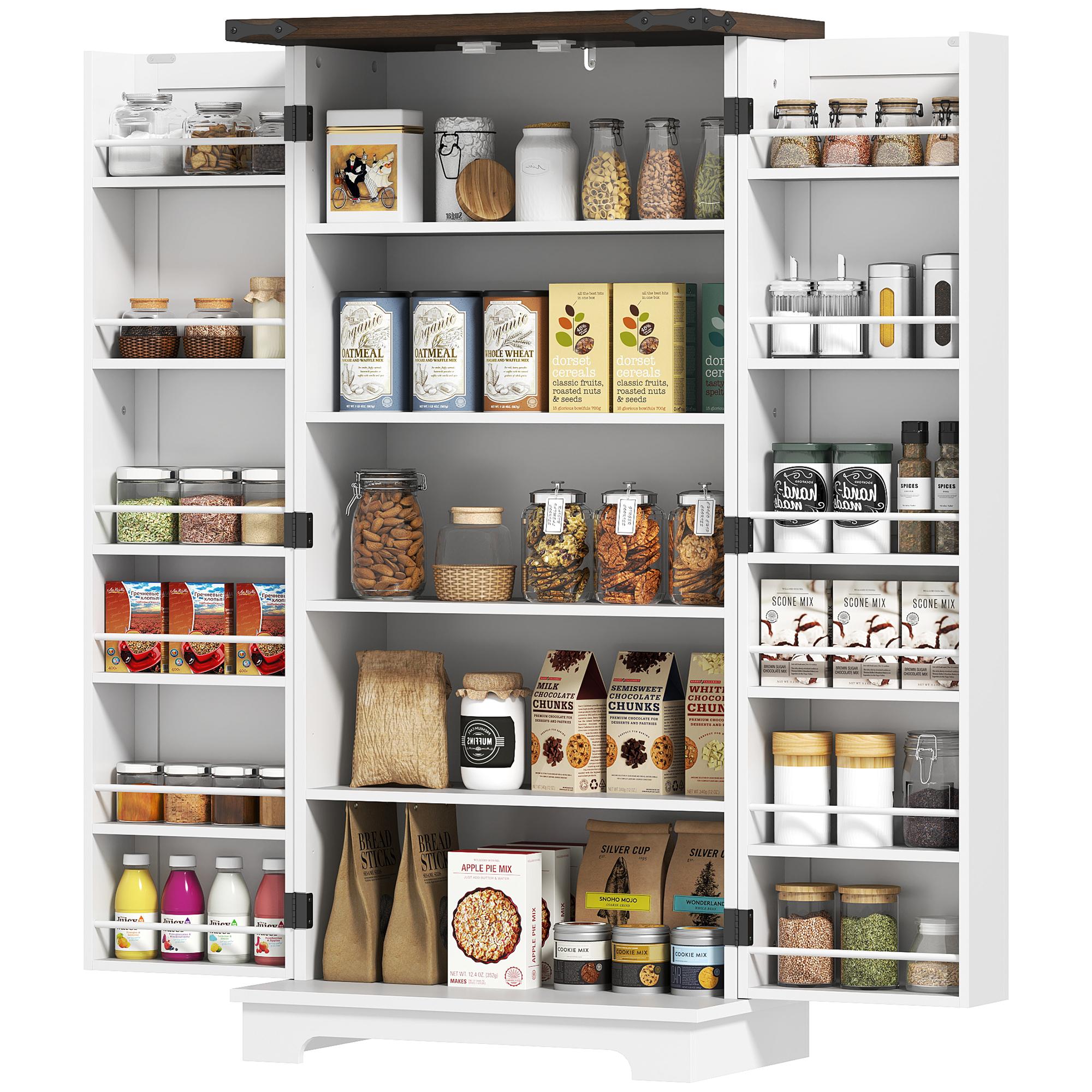 White Adjustable Pantry Cabinet with 12 Door Shelves