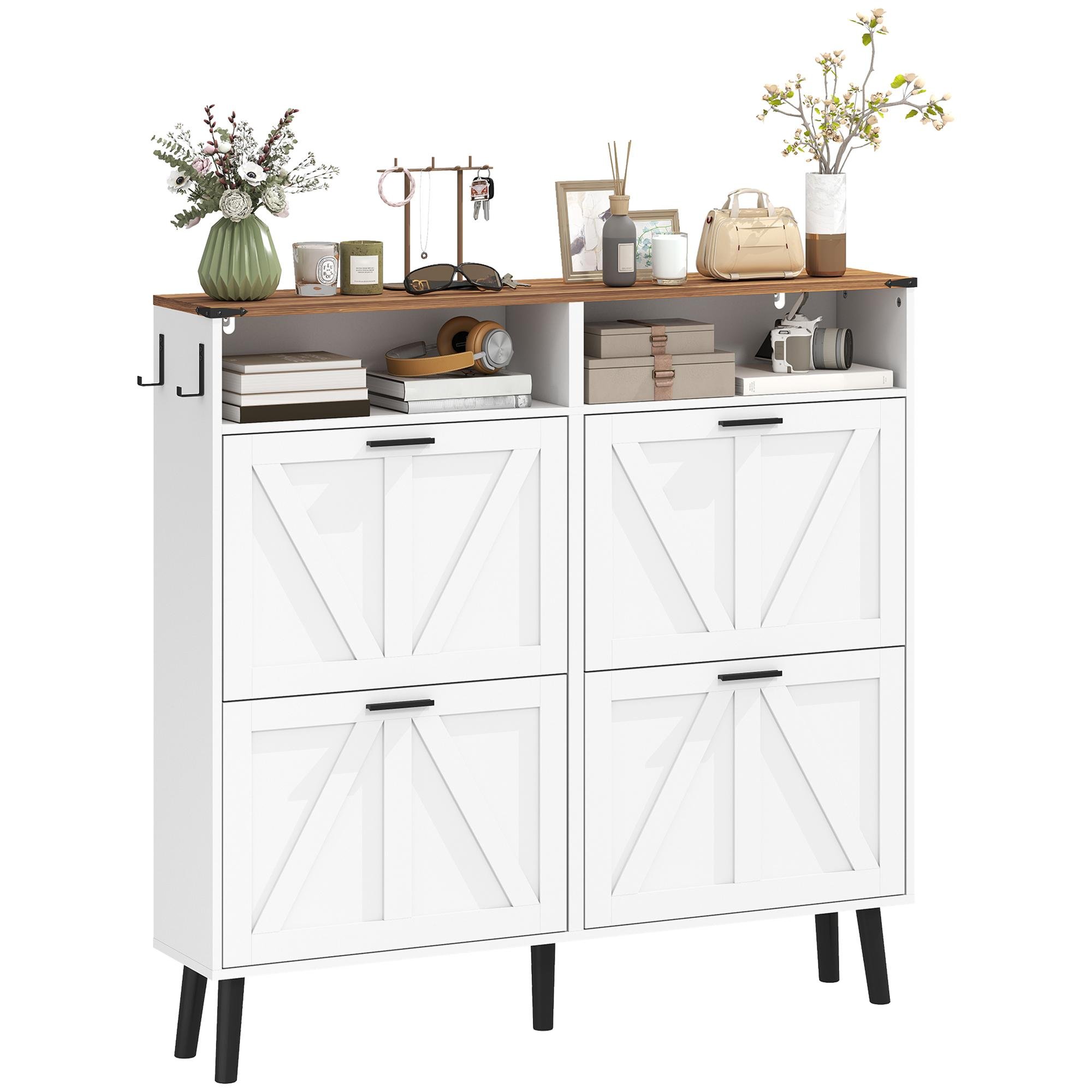 White Farmhouse Shoe Cabinet with 4 Flip Drawers