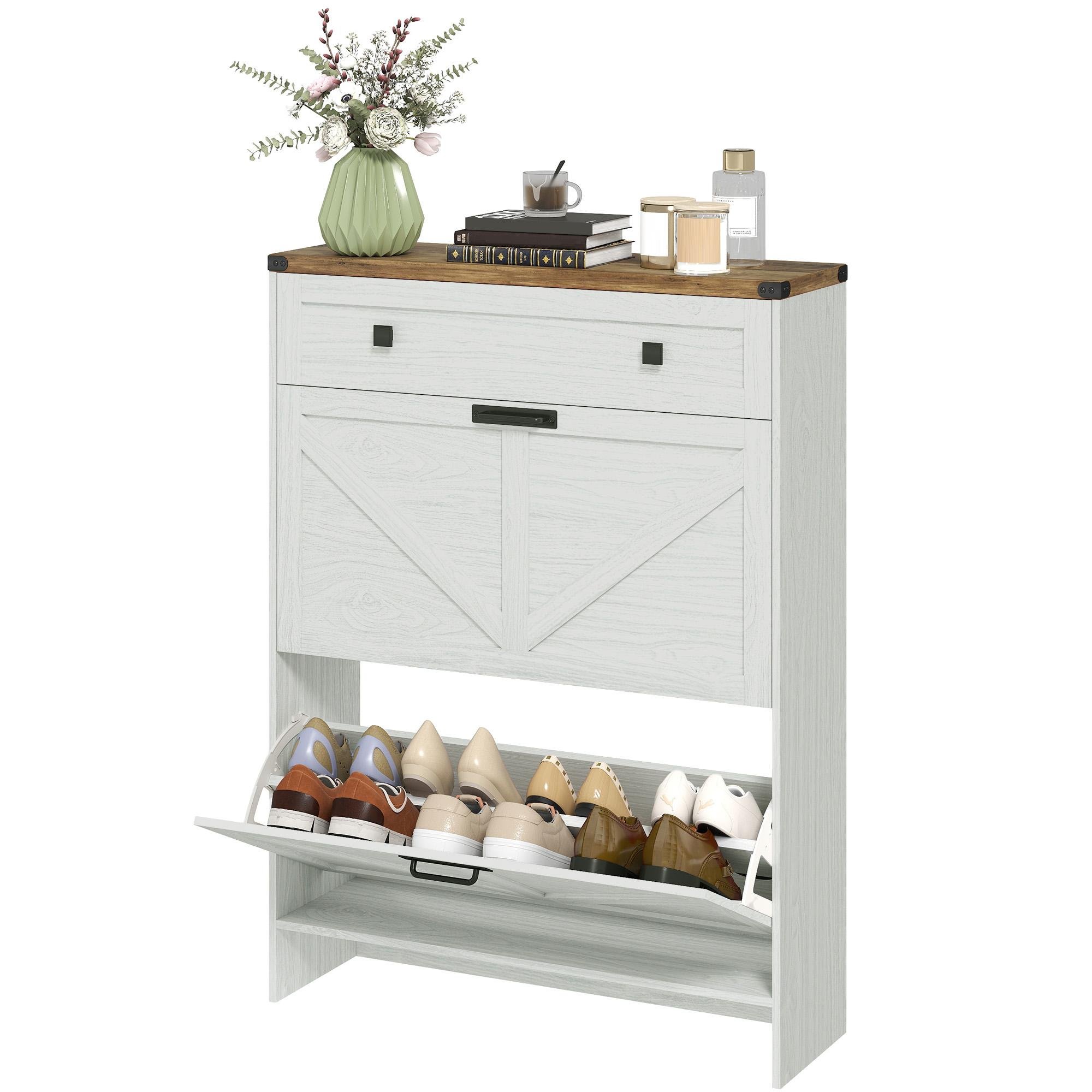 Farmhouse 12 Pair Shoe Cabinet with Slim Flip Drawers