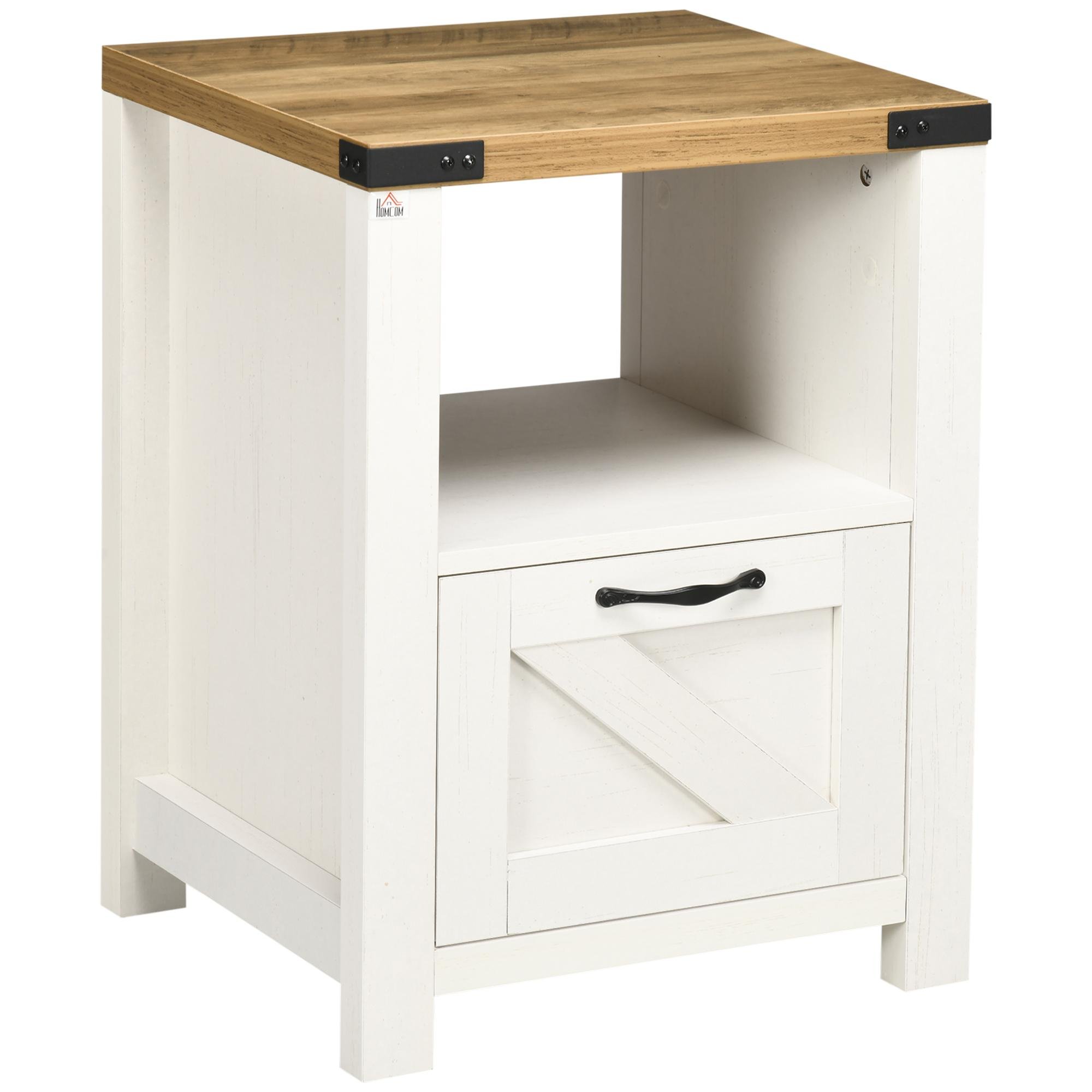 White Farmhouse Side Table with Drawer and Open Shelf