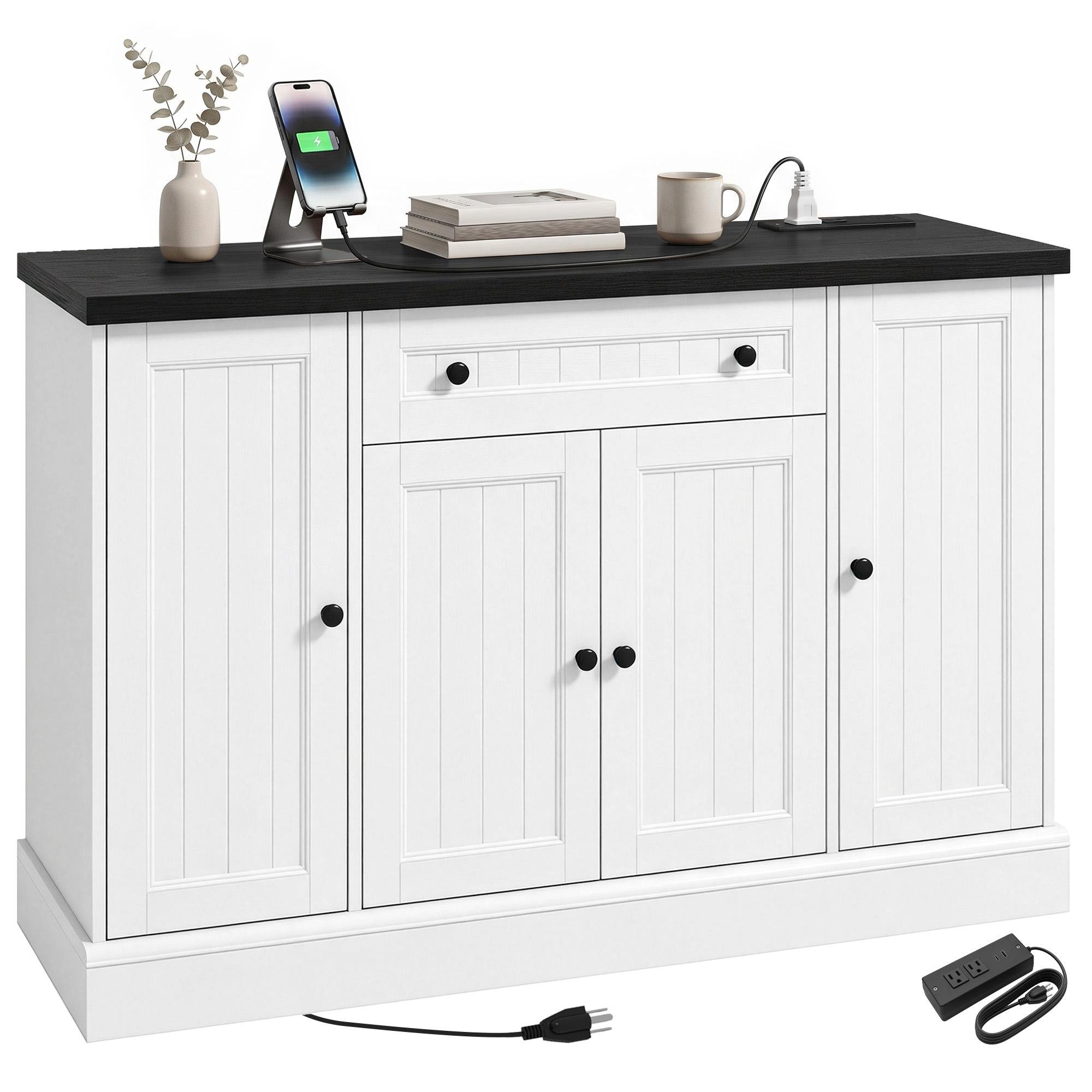 White Farmhouse Charging Sideboard with Adjustable Storage