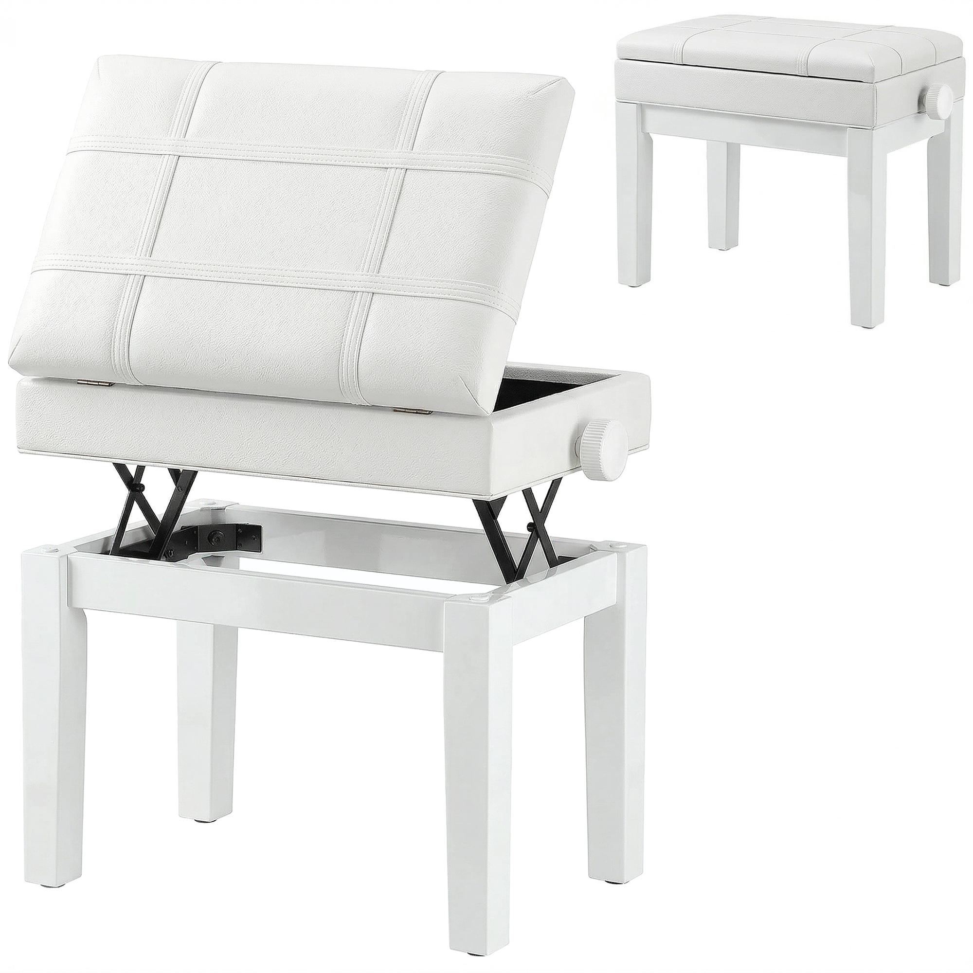 White Adjustable Piano Bench with Storage and Padded Seat