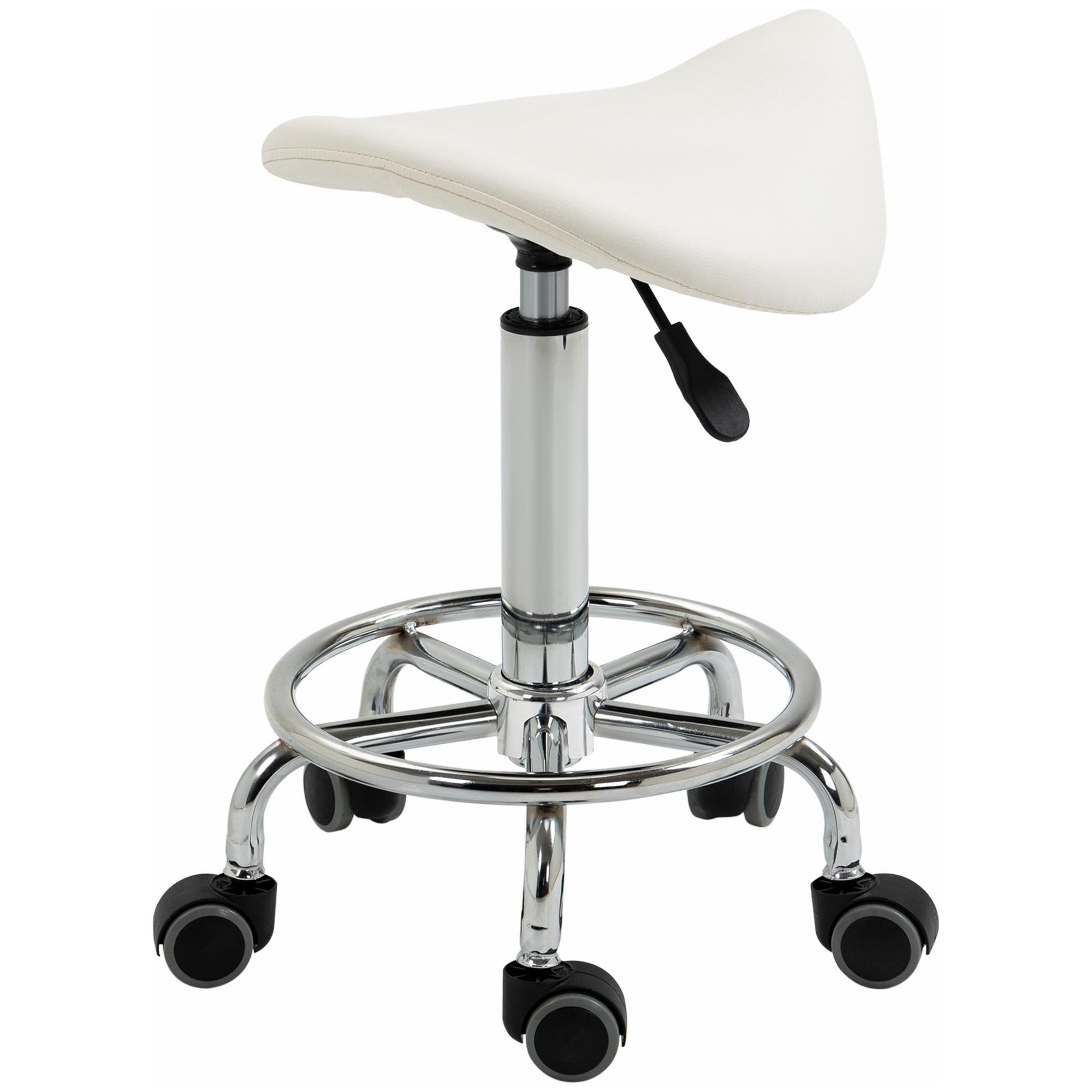 White Rolling Saddle Stool, Adjustable Faux Leather