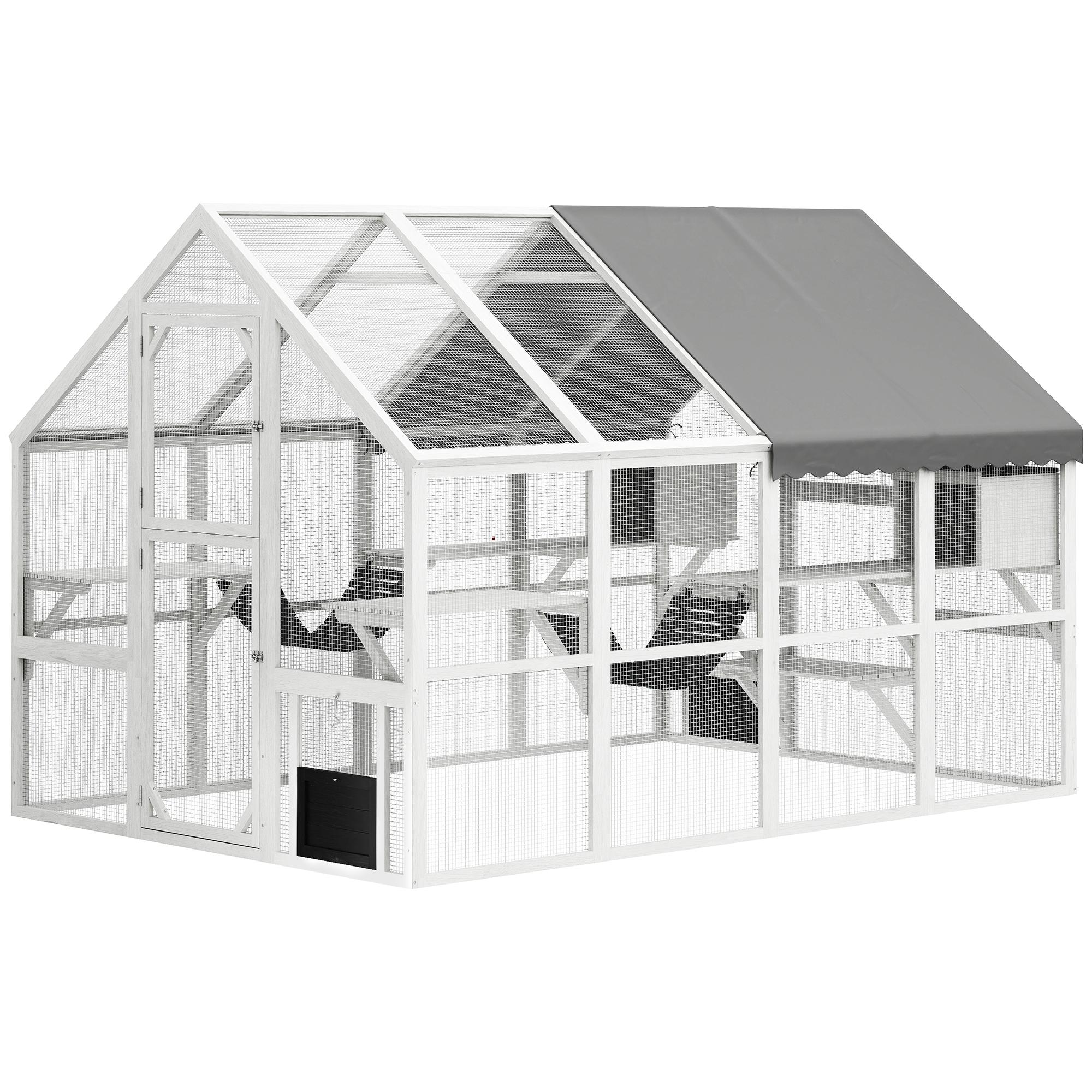 White Fir Cat Enclosure with Canopy for 3-6 Cats