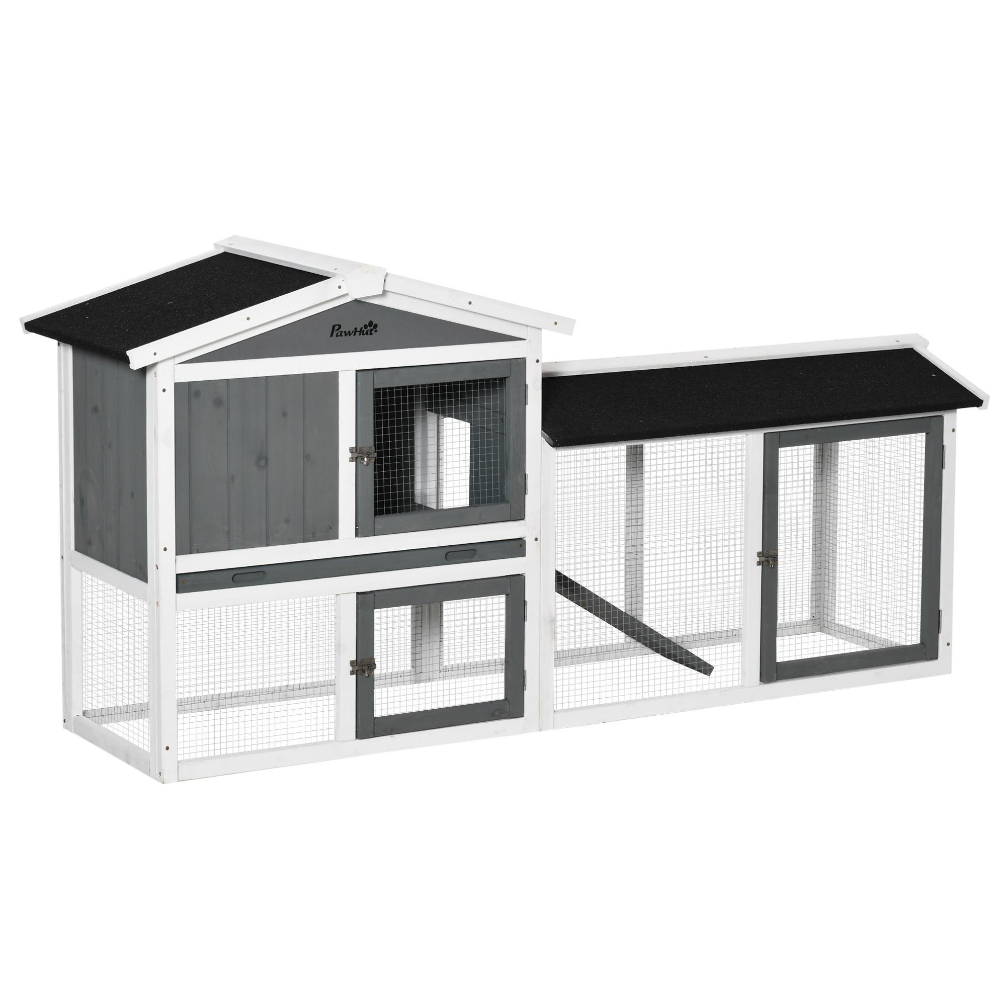 White Fir Rabbit Hutch with Run and Slide-Out Tray