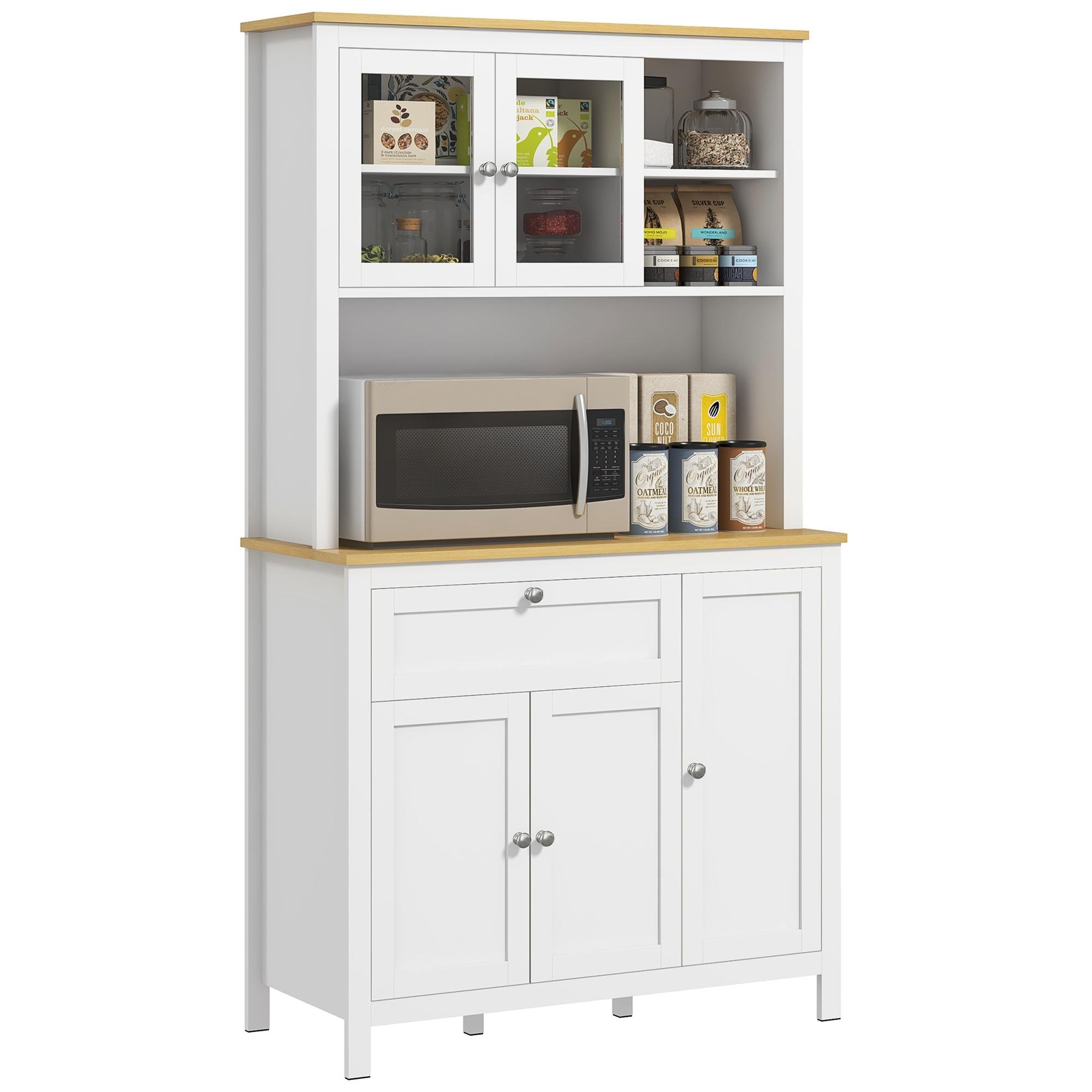 White 5 Door Pantry Hutch with Adjustable Shelves, 71 Inch