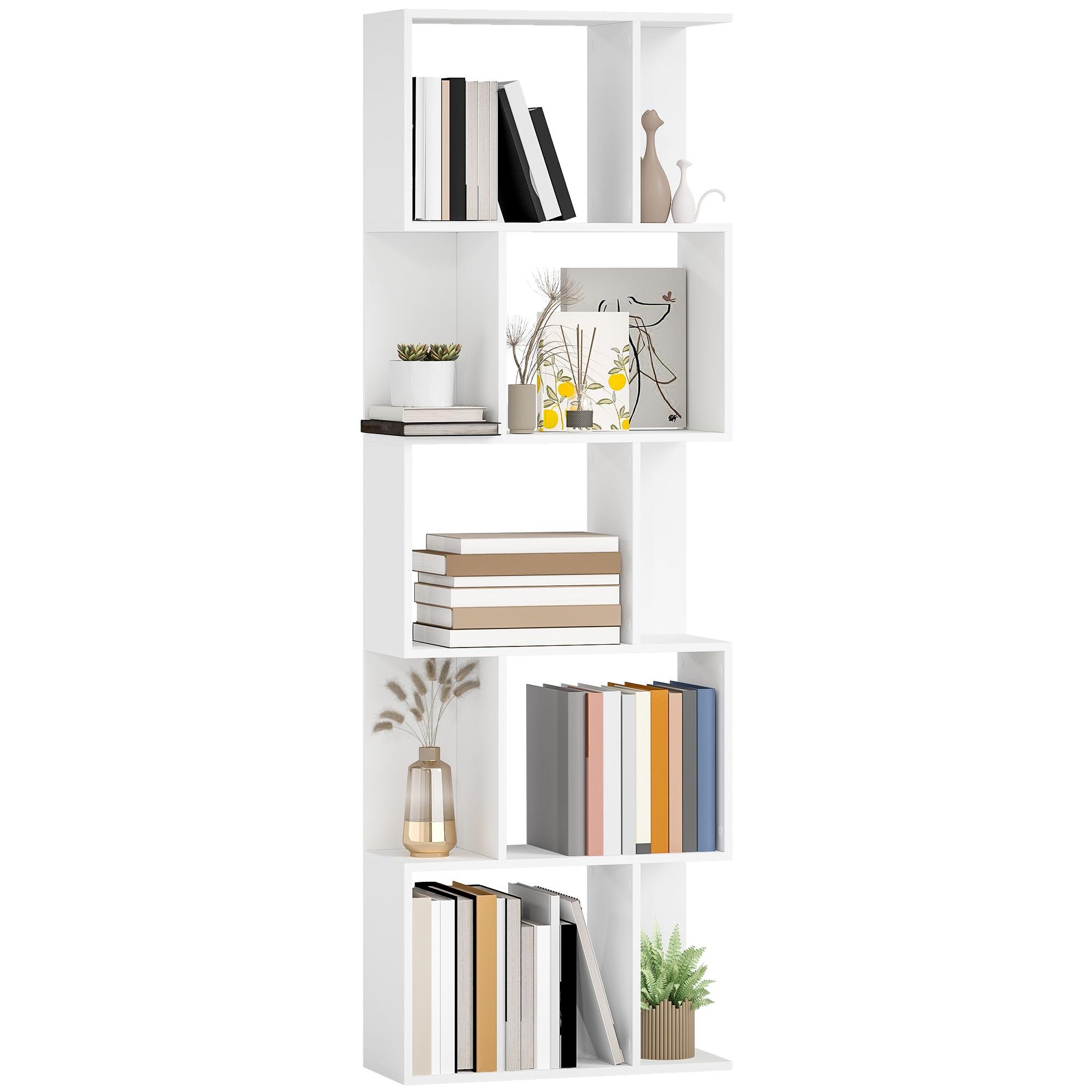 White Five Tier S Shelf, Open-Back Display Bookcase