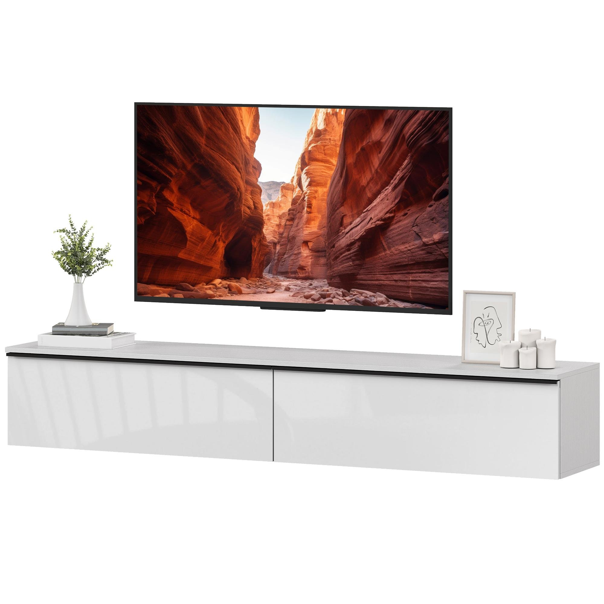 70.9 Inch White TV Cabinet, High Gloss Floating Storage