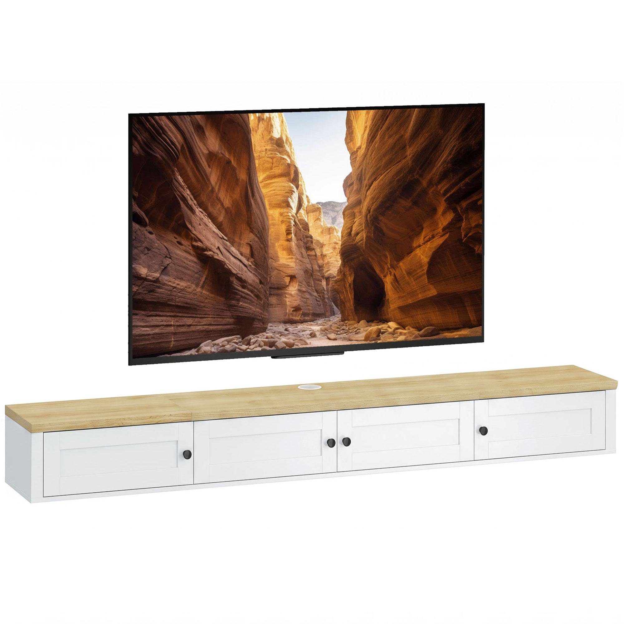 White Floating TV Stand with Built-In Power for TVs up to 72 Inches