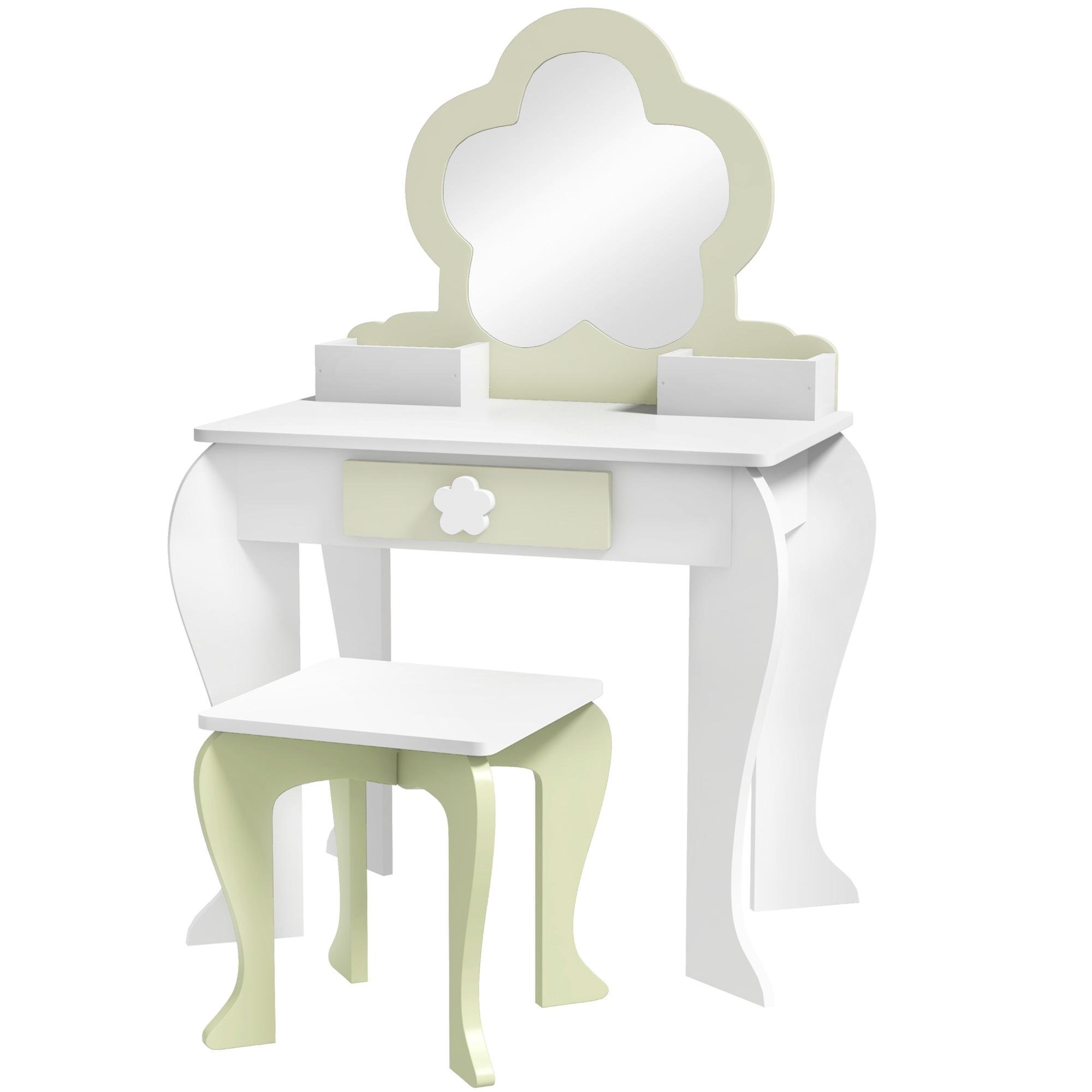 White Flower Kids Vanity with Mirror and Stool