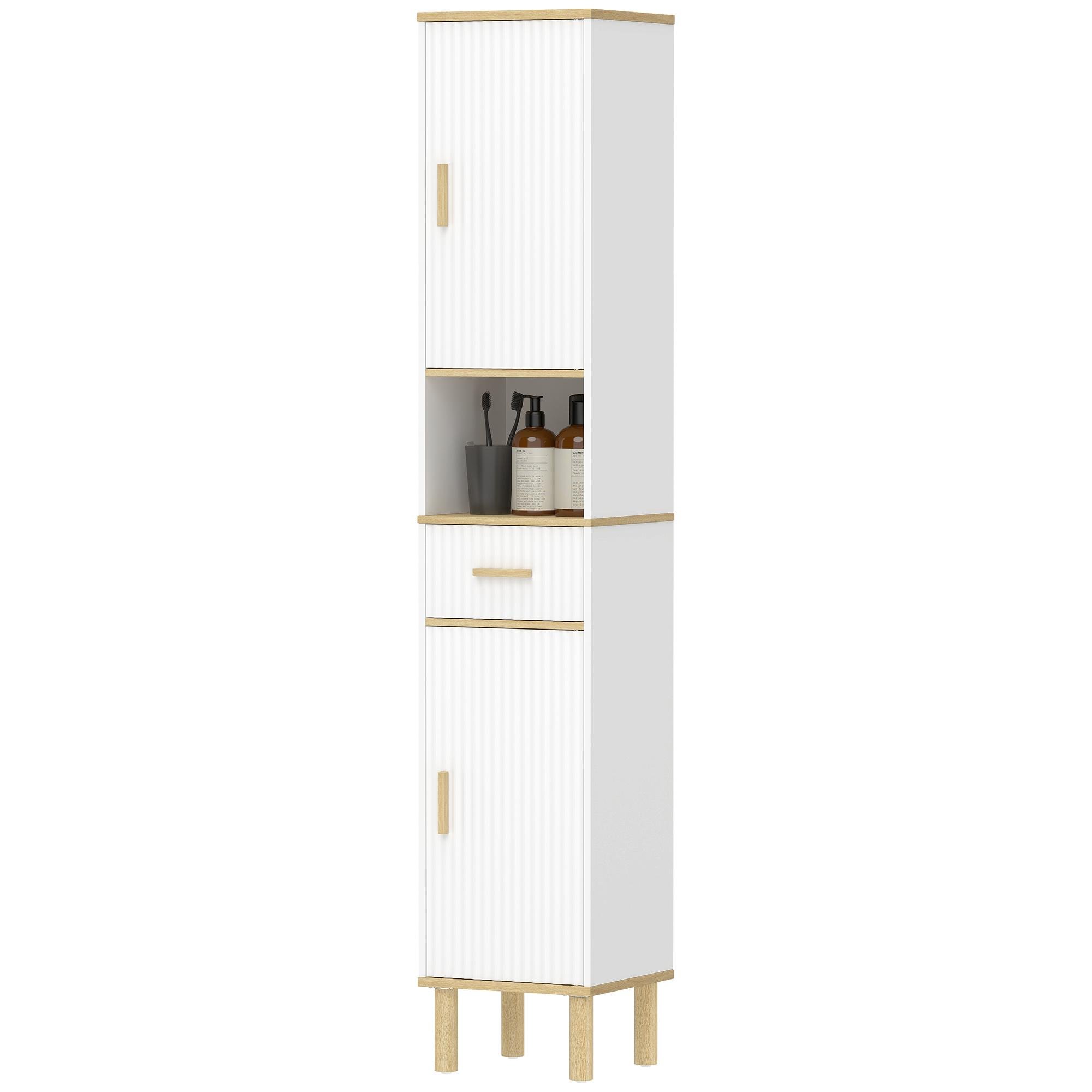 White Fluted Bathroom Cabinet with Adjustable Shelves, 67.5 in