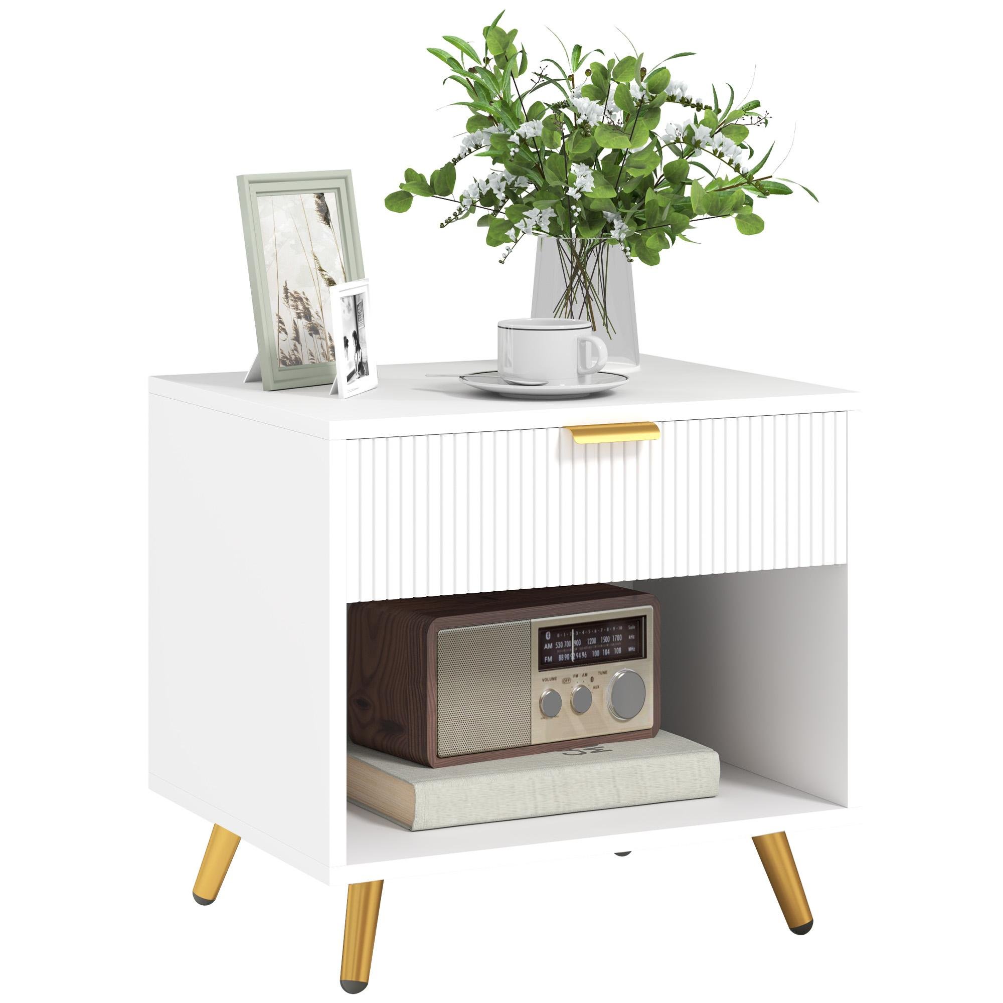 White Fluted Drawer Bedside Table with Open Compartment