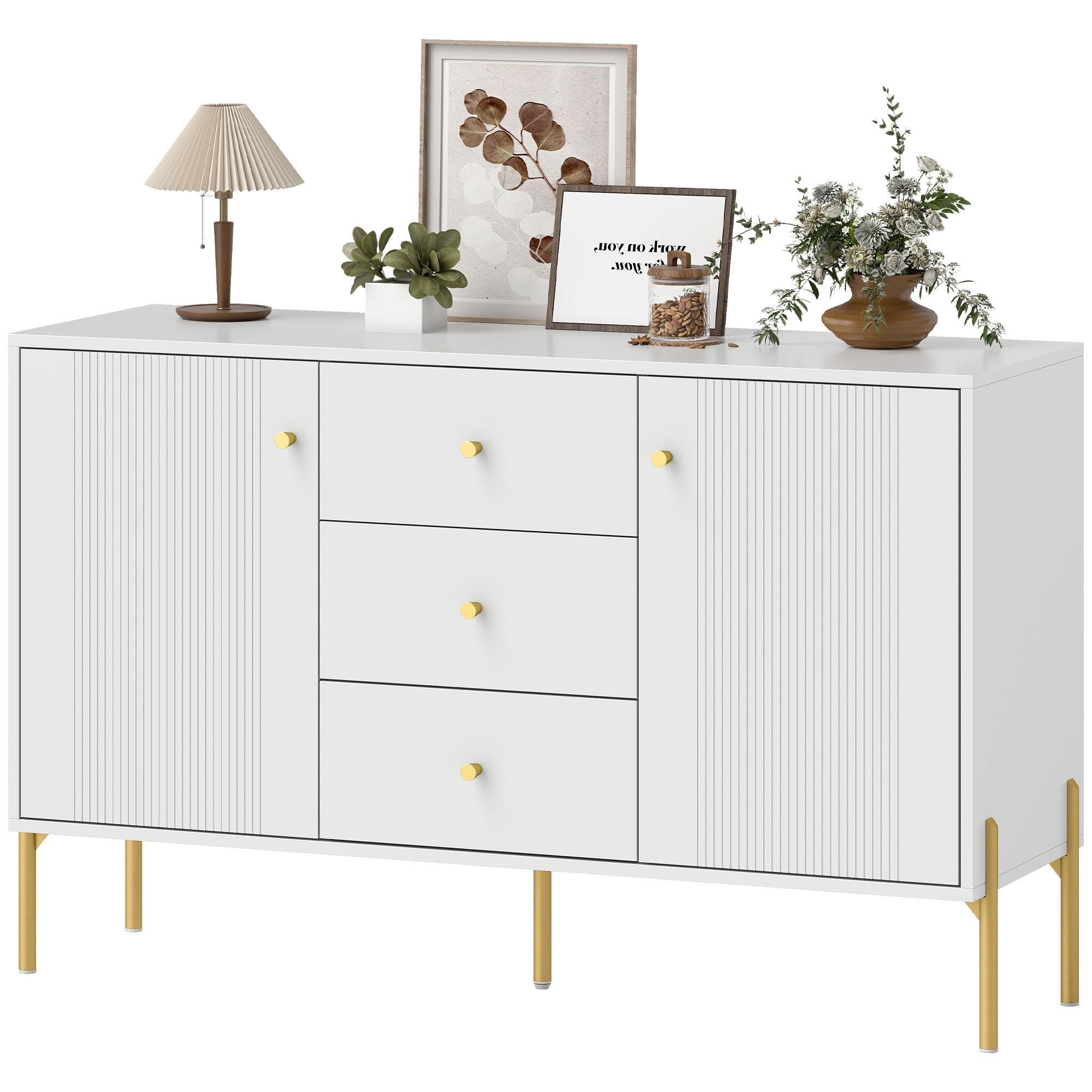 White Fluted Three Drawer Sideboard with Adjustable Shelves