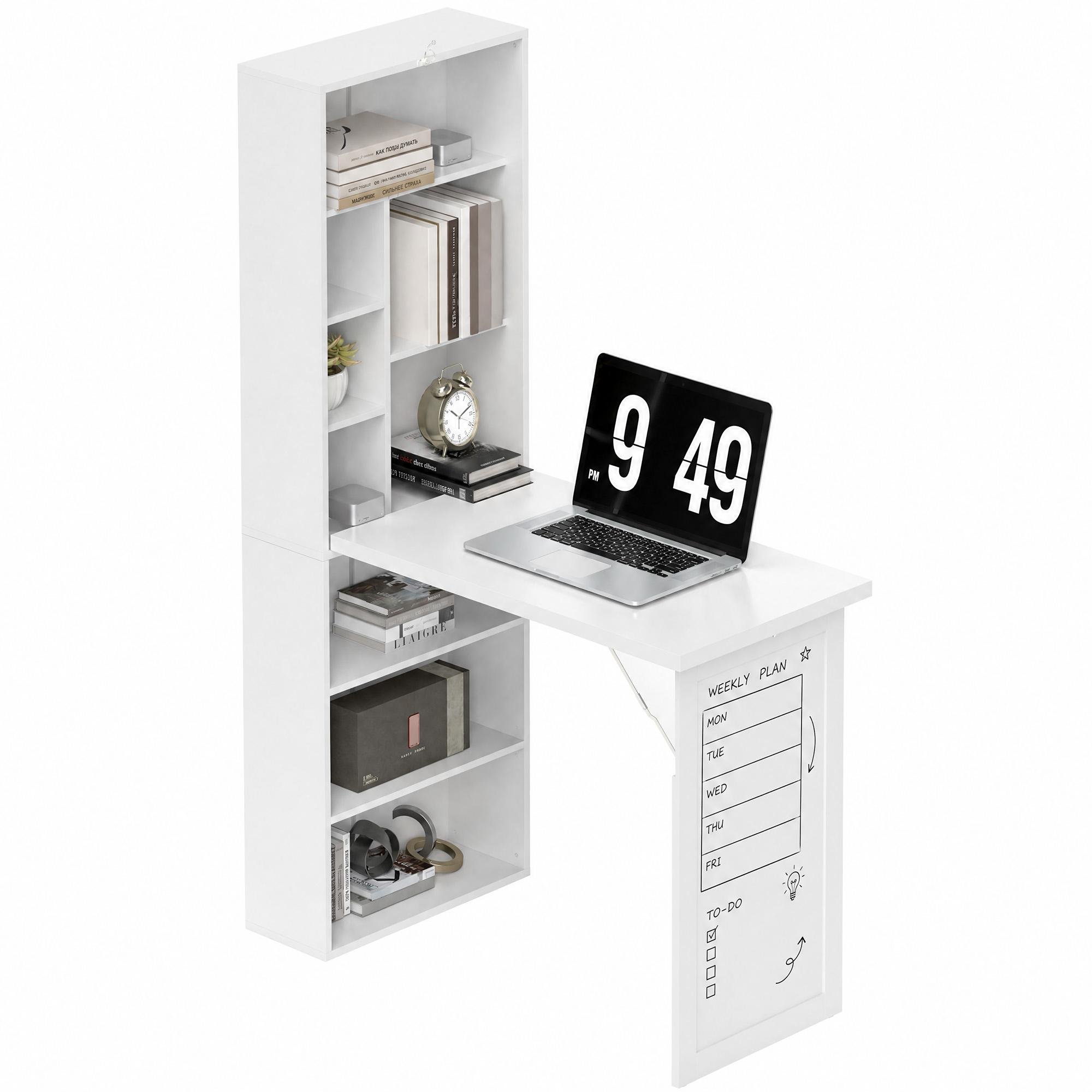 White 98 cm Folding Desk with Storage and Whiteboard