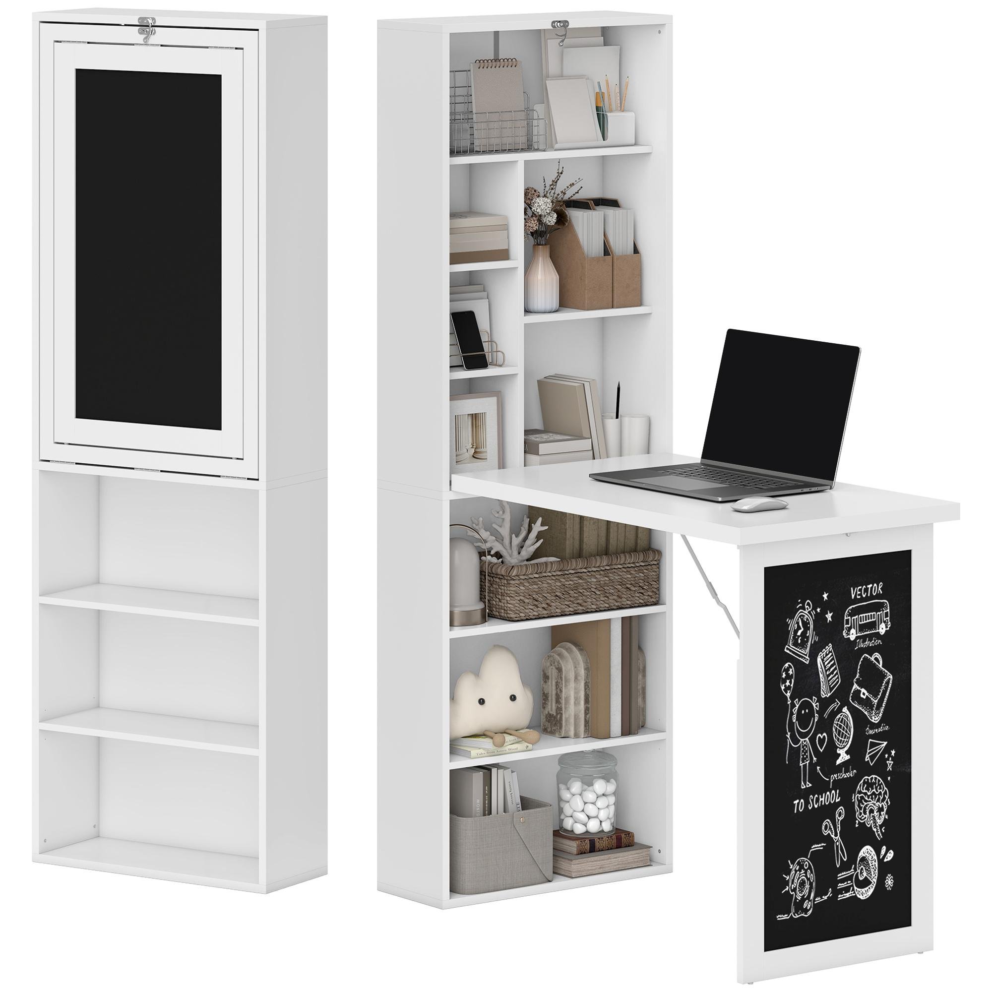 White Folding Computer Desk with Storage and Blackboard