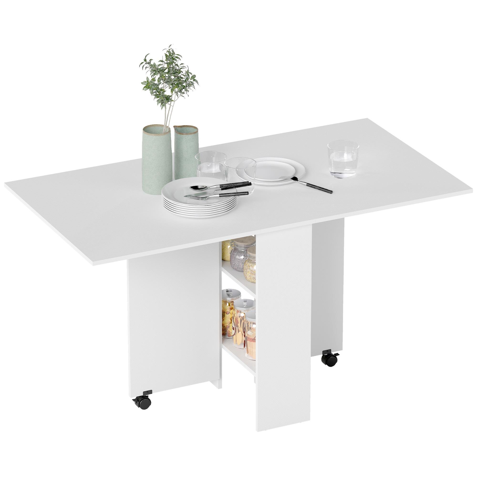 White Folding Dining Table with Storage and Drop Leaves