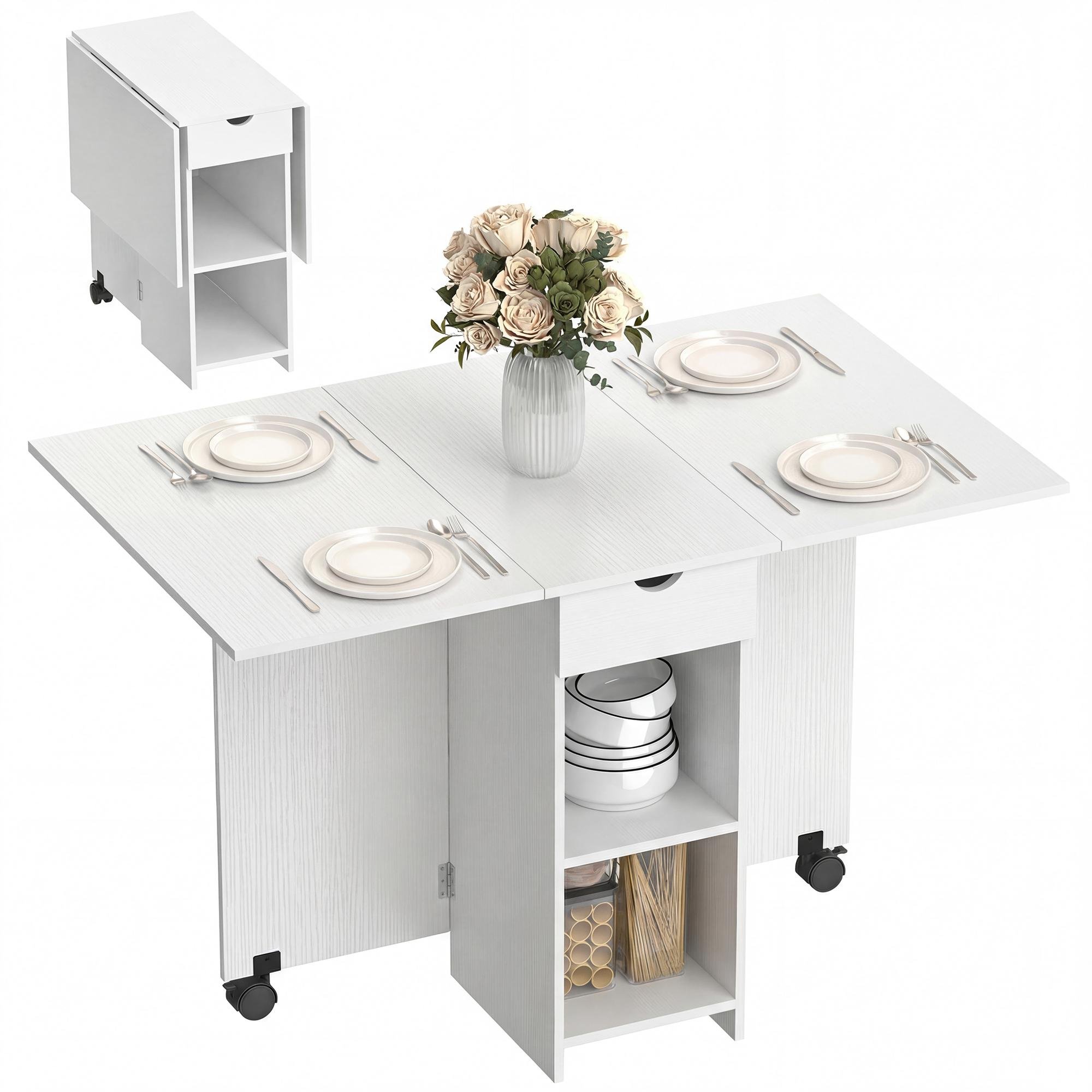 White Particleboard Drop Leaf Table with Storage for Small Spaces
