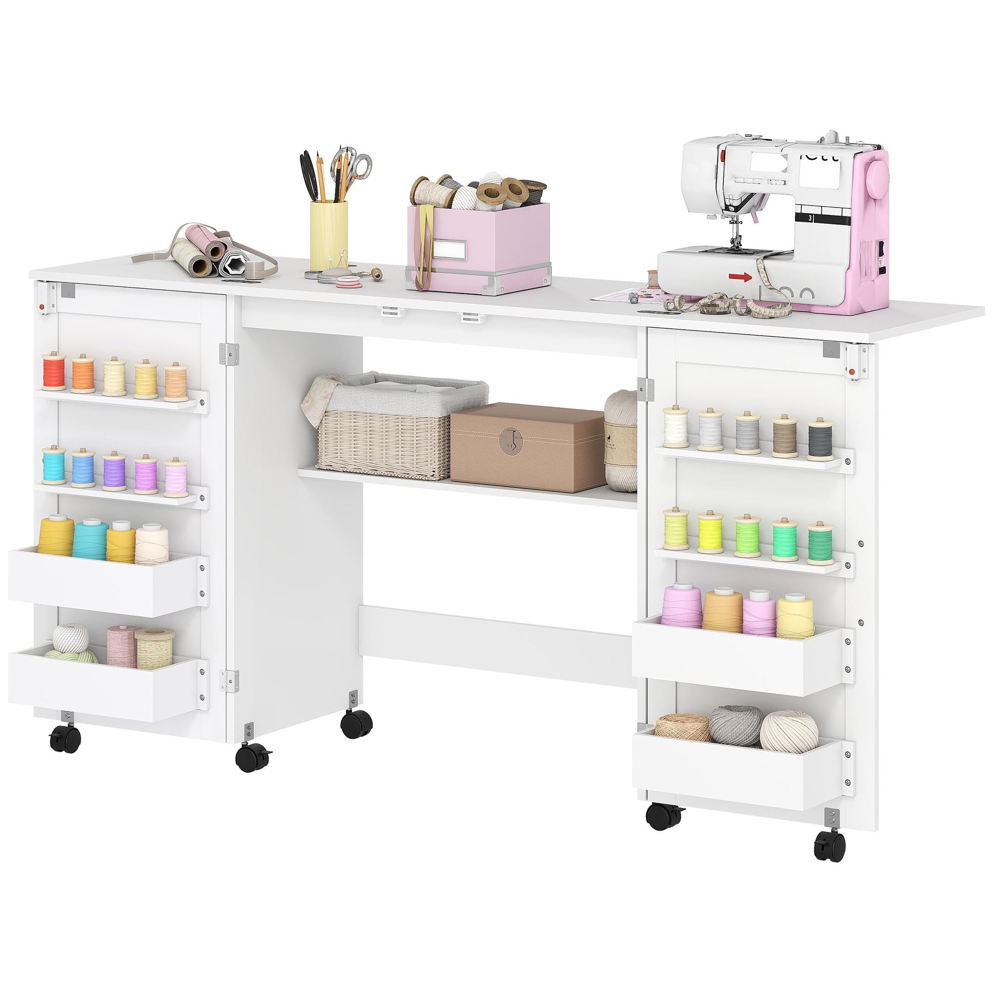 White Folding Sewing Table with Storage and Wheels