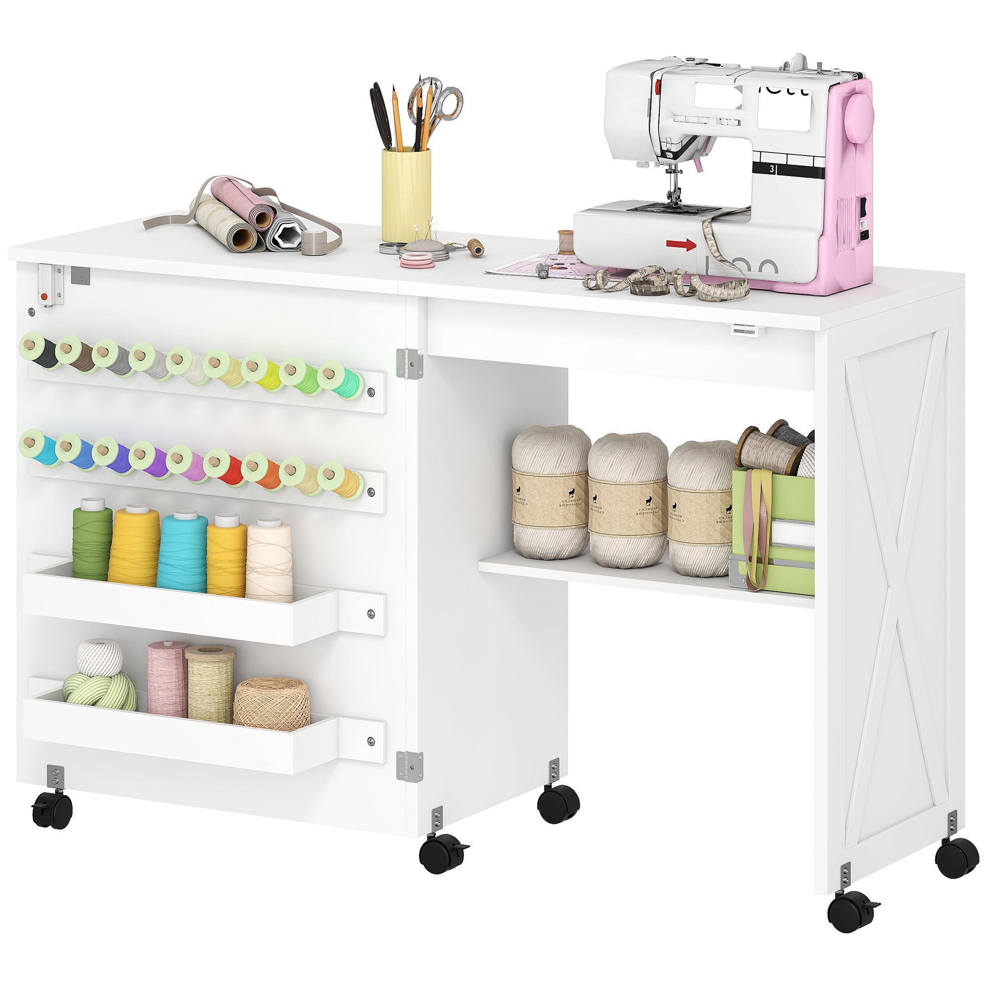 White Particleboard Sewing Cabinet with Folding Storage Table