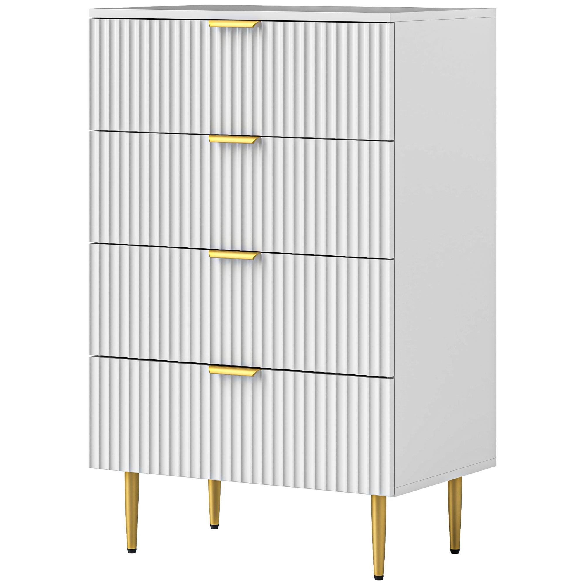 White Fluted Four Drawer Dresser with Gold Legs